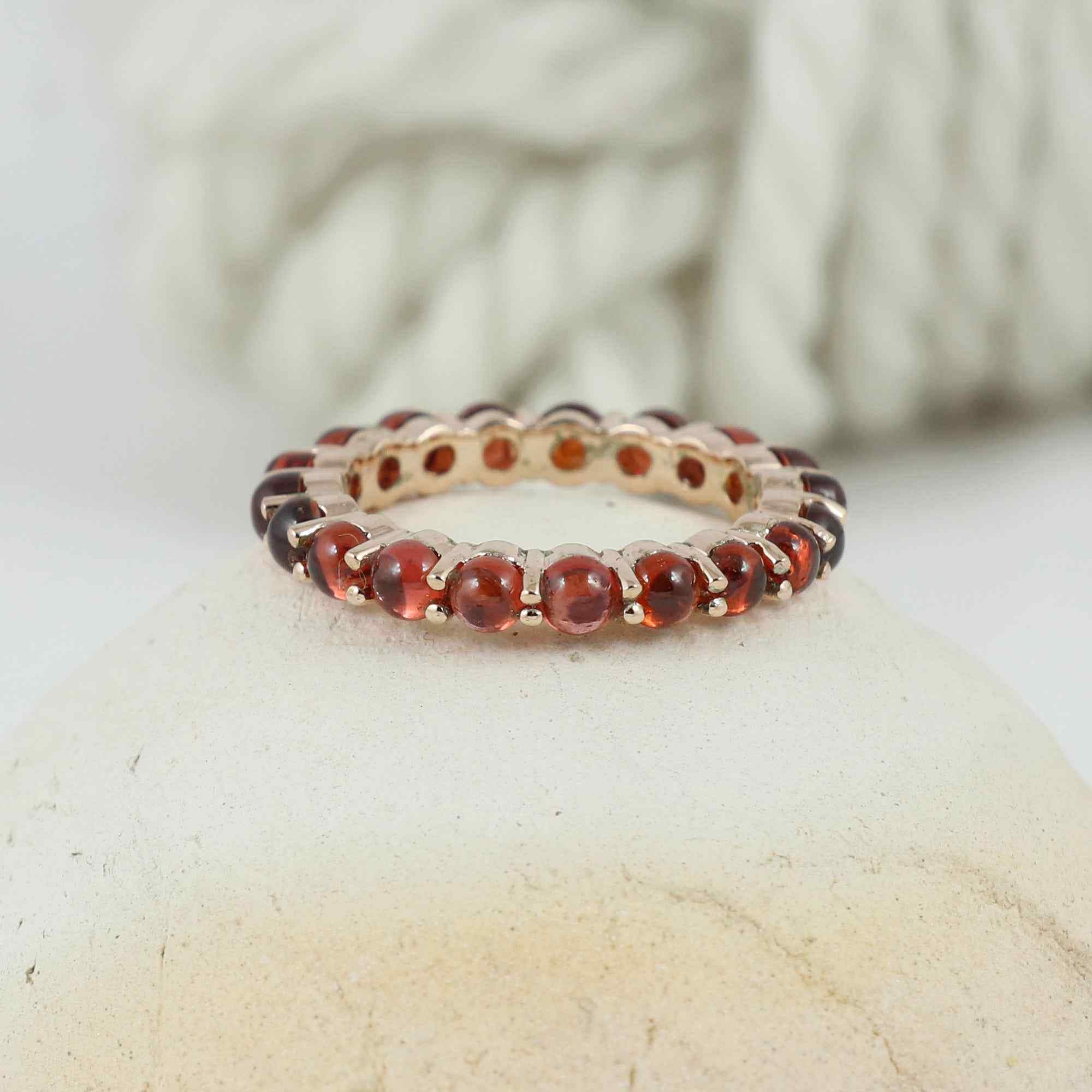Natural Garnet 3mm Round Cabochon Ring 925 Sterling Silver Handmade Red Gemstone Solitaire Ring