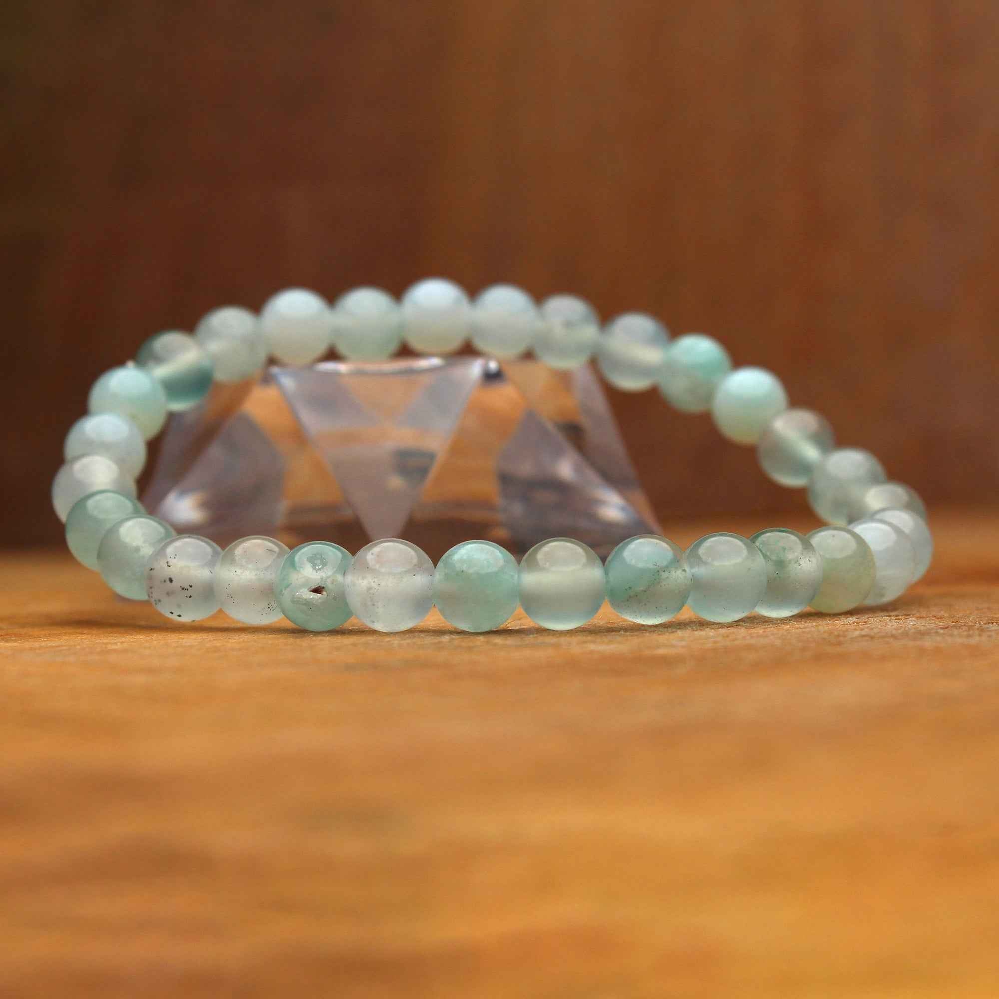 Handcrafted Aqua Chalcedony Bead Bracelet Natural Blue Gemstone Stretch Jewelry 63 Ct