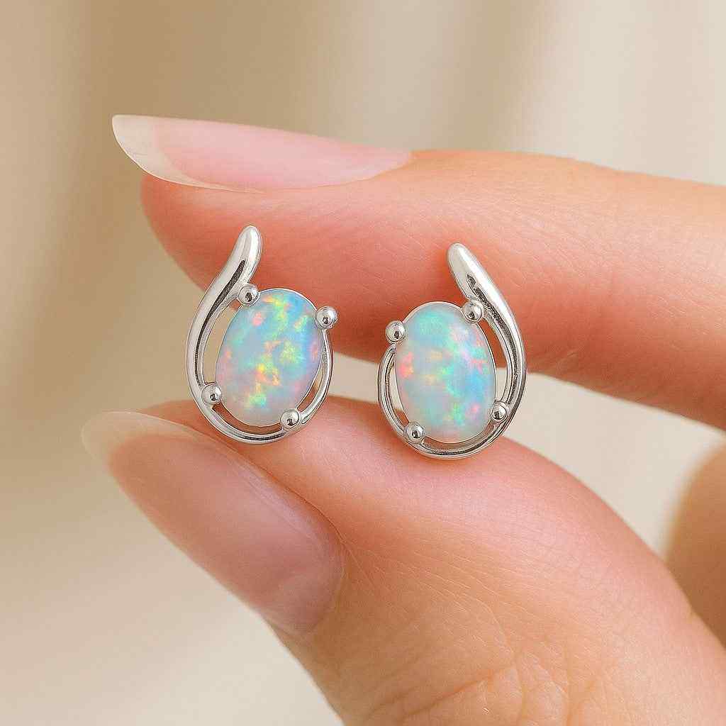 Opal Stud Earrings – Natural Opal Cabochon Studs in 925 Sterling Silver, Minimalist