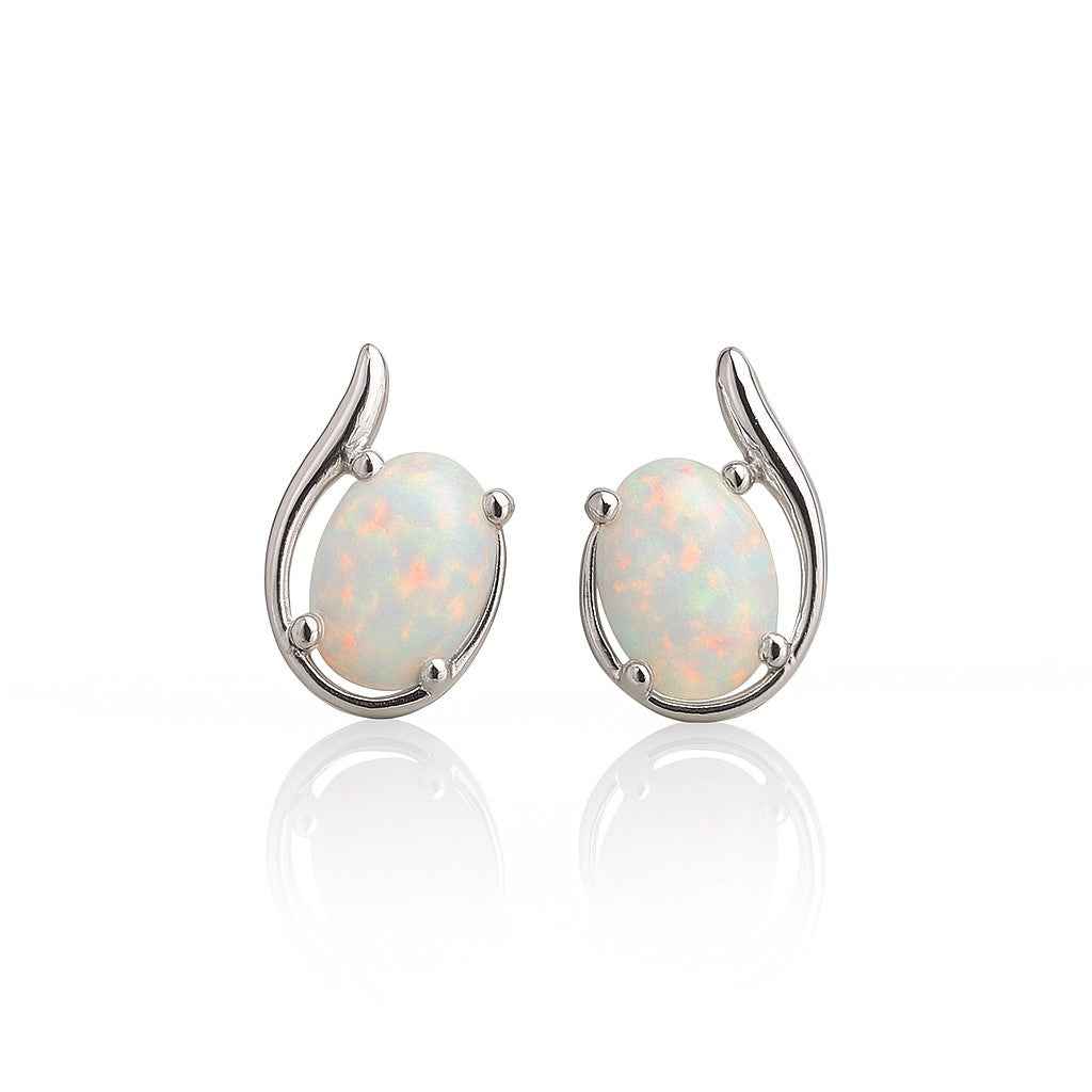 Opal Stud Earrings – Natural Opal Cabochon Studs in 925 Sterling Silver, Minimalist