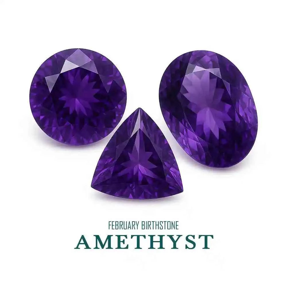 Three amethyst gemstones on a white background with 'February Birthstone Amethyst' text.