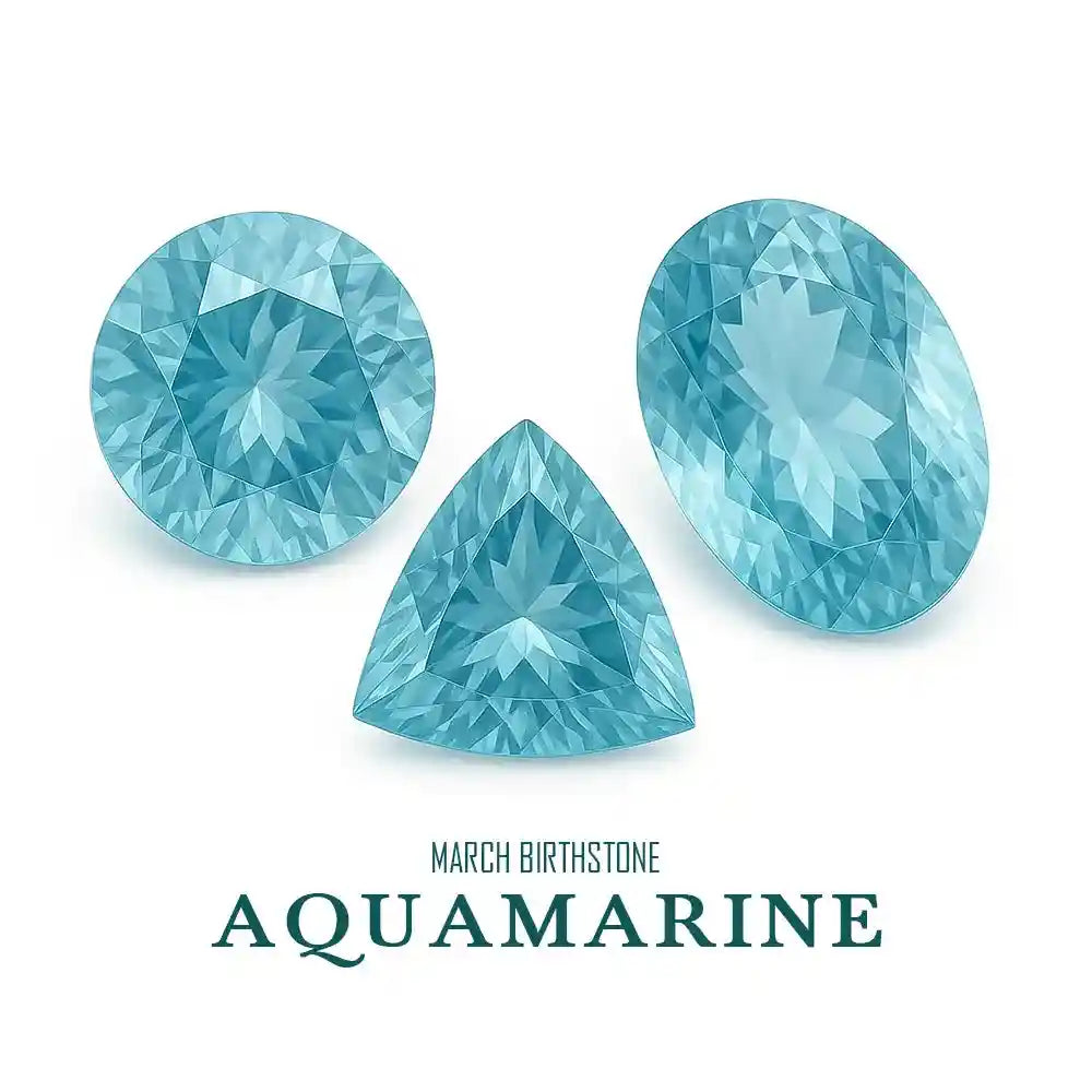 Three aquamarine gemstones on a white background with 'March Birthstone Aquamarine' text.