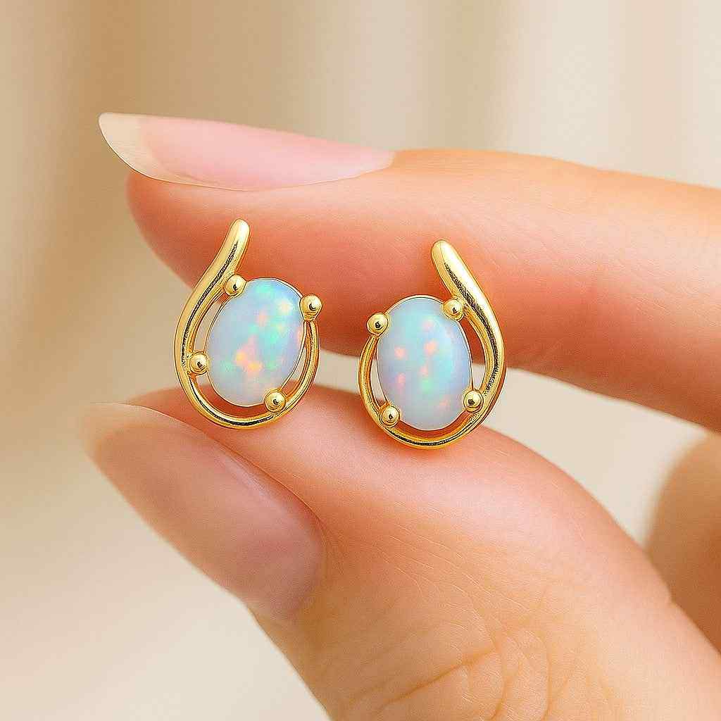Opal Stud Earrings – Natural Opal Cabochon Studs in 925 Sterling Silver, Minimalist