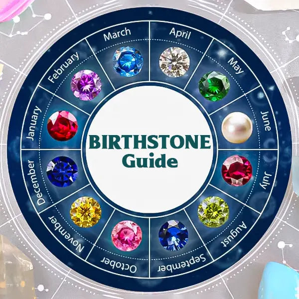 Birthstone guide chart with colorful gemstones for each month