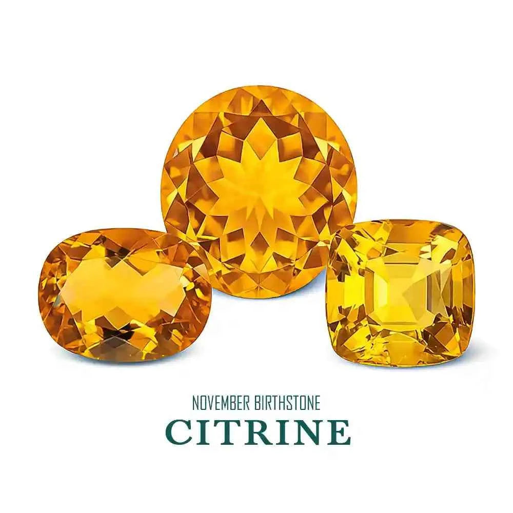 Three citrine gemstones on a white background with 'November Birthstone Citrine' text.