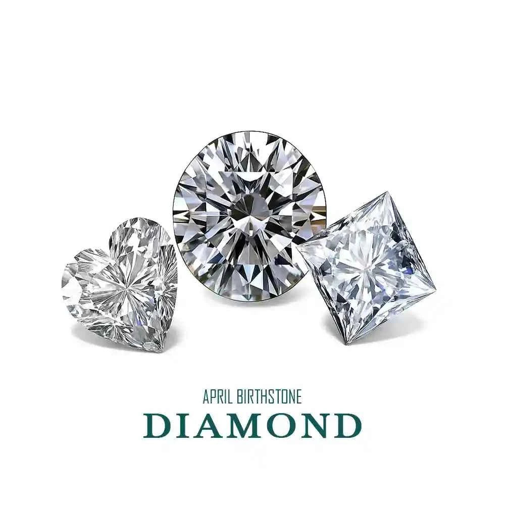 Three diamonds of different shapes on a white background with 'April Birthstone Diamond' text.