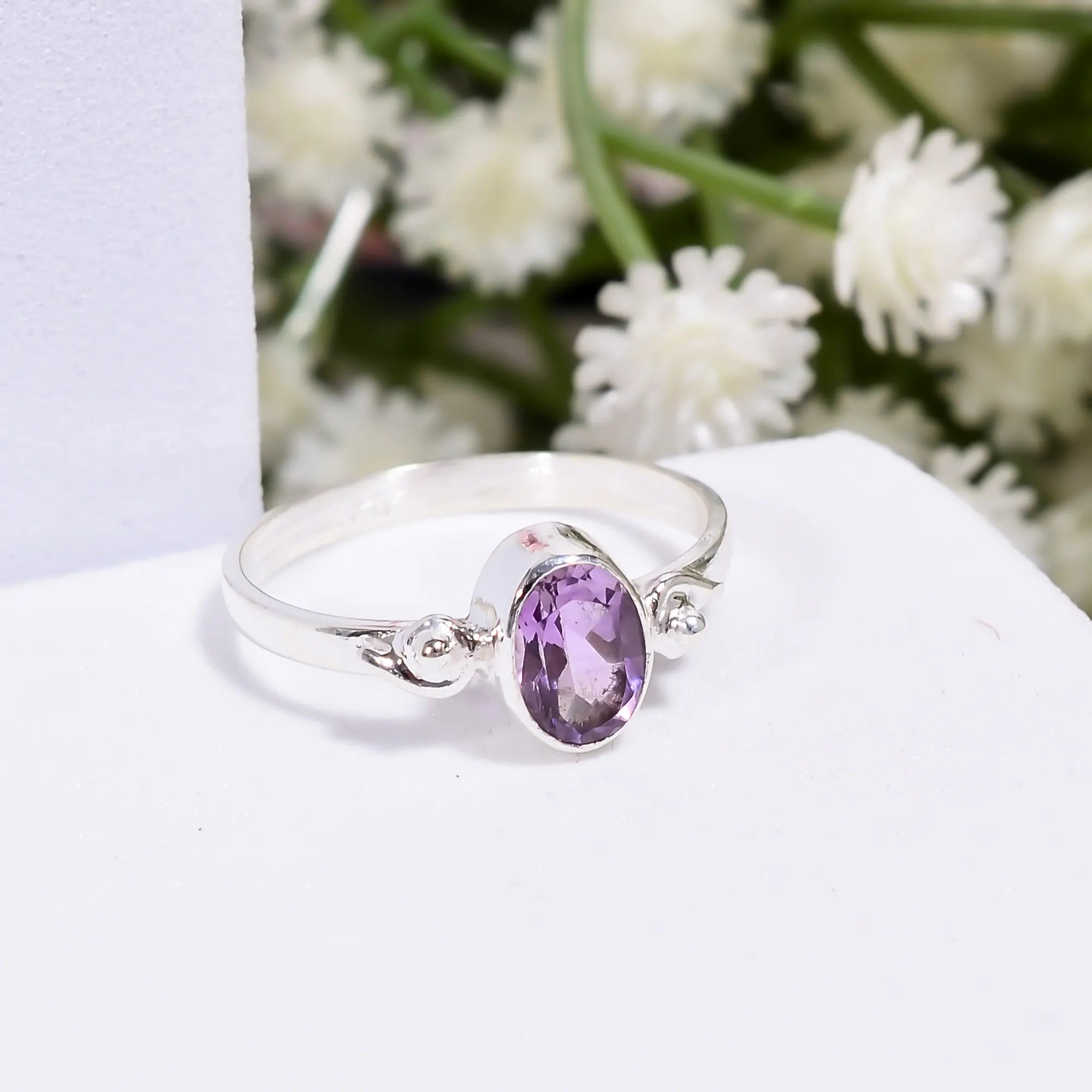 Natural Amethyst Gemstone Halo Ring – 925 Silver Setting