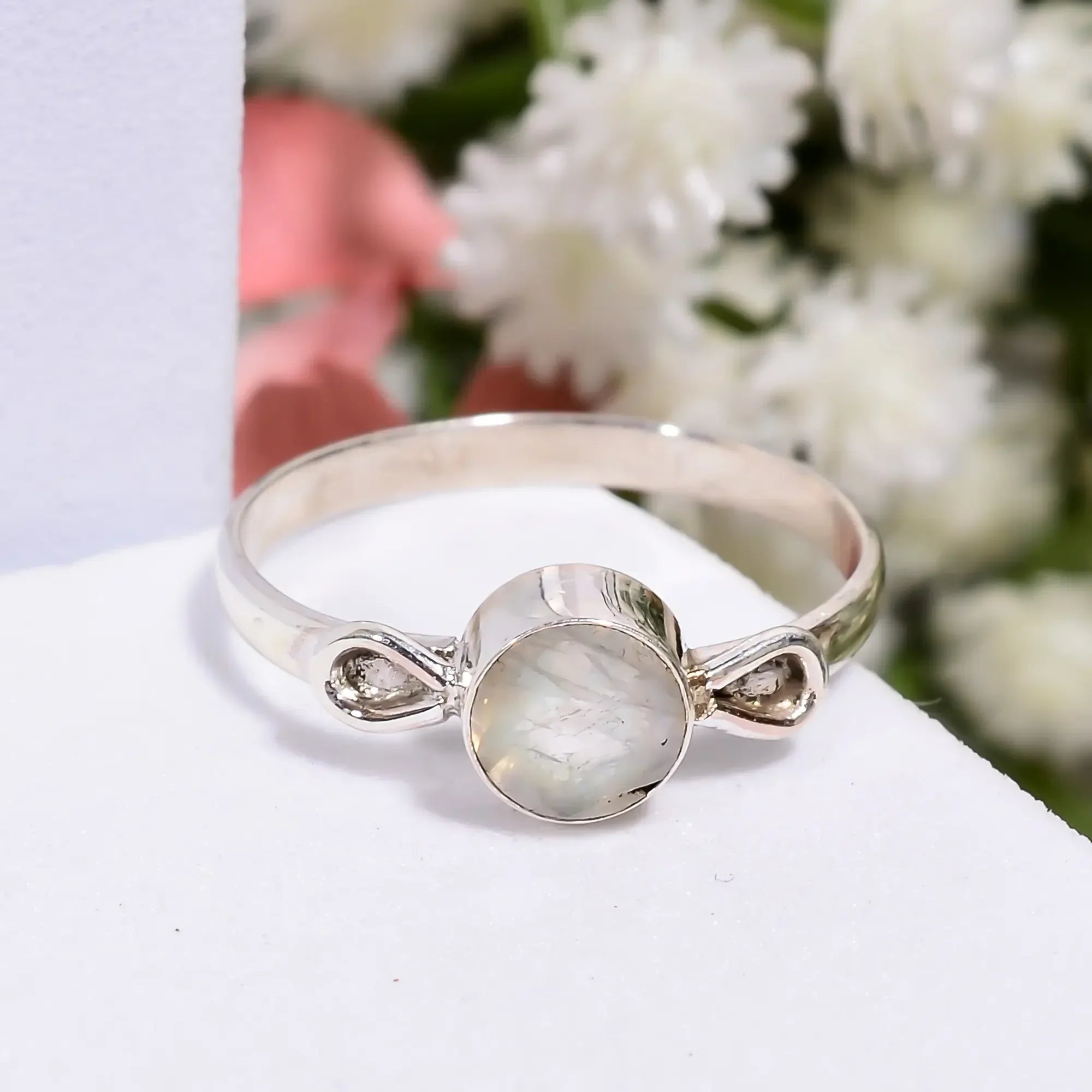 White Moonstone 6mm Round Gemstone Ring Handmade 925 Sterling Silver Ring Jewelry