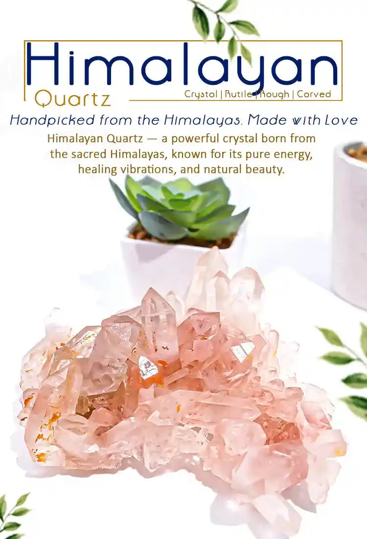 Himalayan Quartz crystal with branding and product description text.
