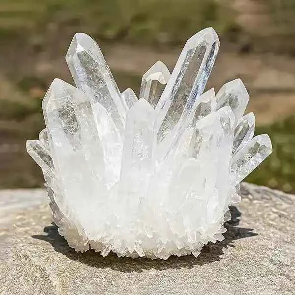Crystal cluster on a stone surface with a blurred natural background