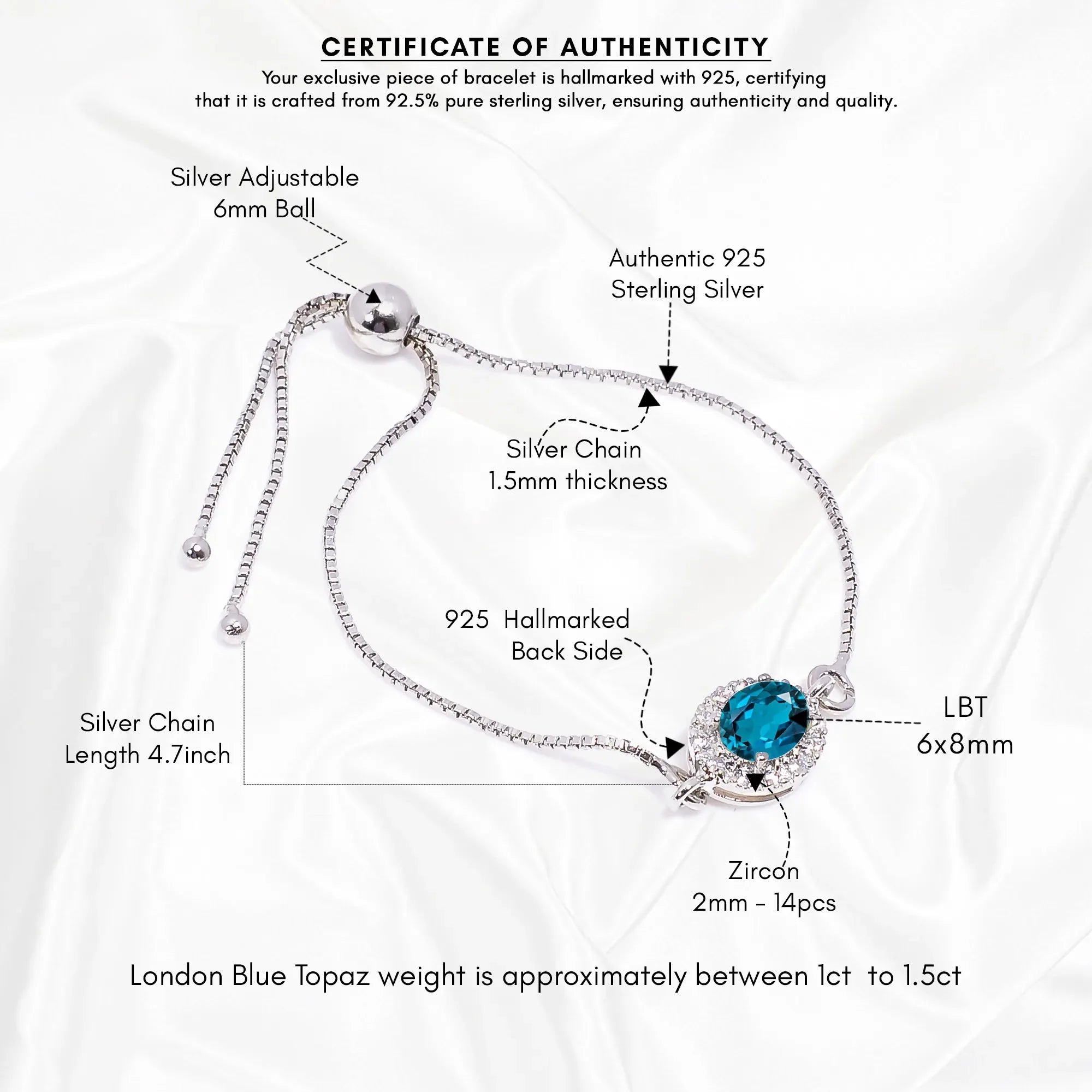 London Blue Topaz Silver Bracelet – Oval Cut 6×8 mm Gemstone Bracelets