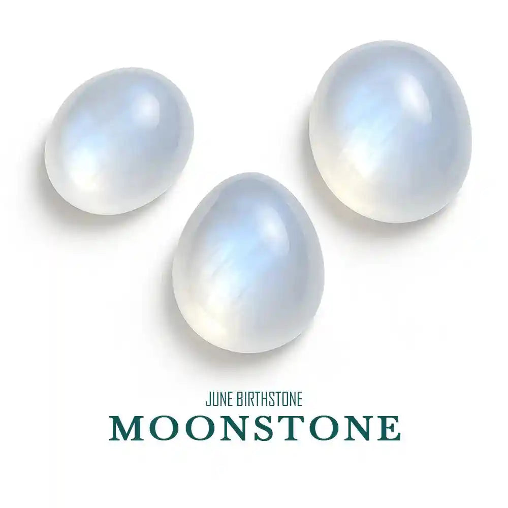 Three moonstones on a white background with 'June Birthstone Moonstone' text.