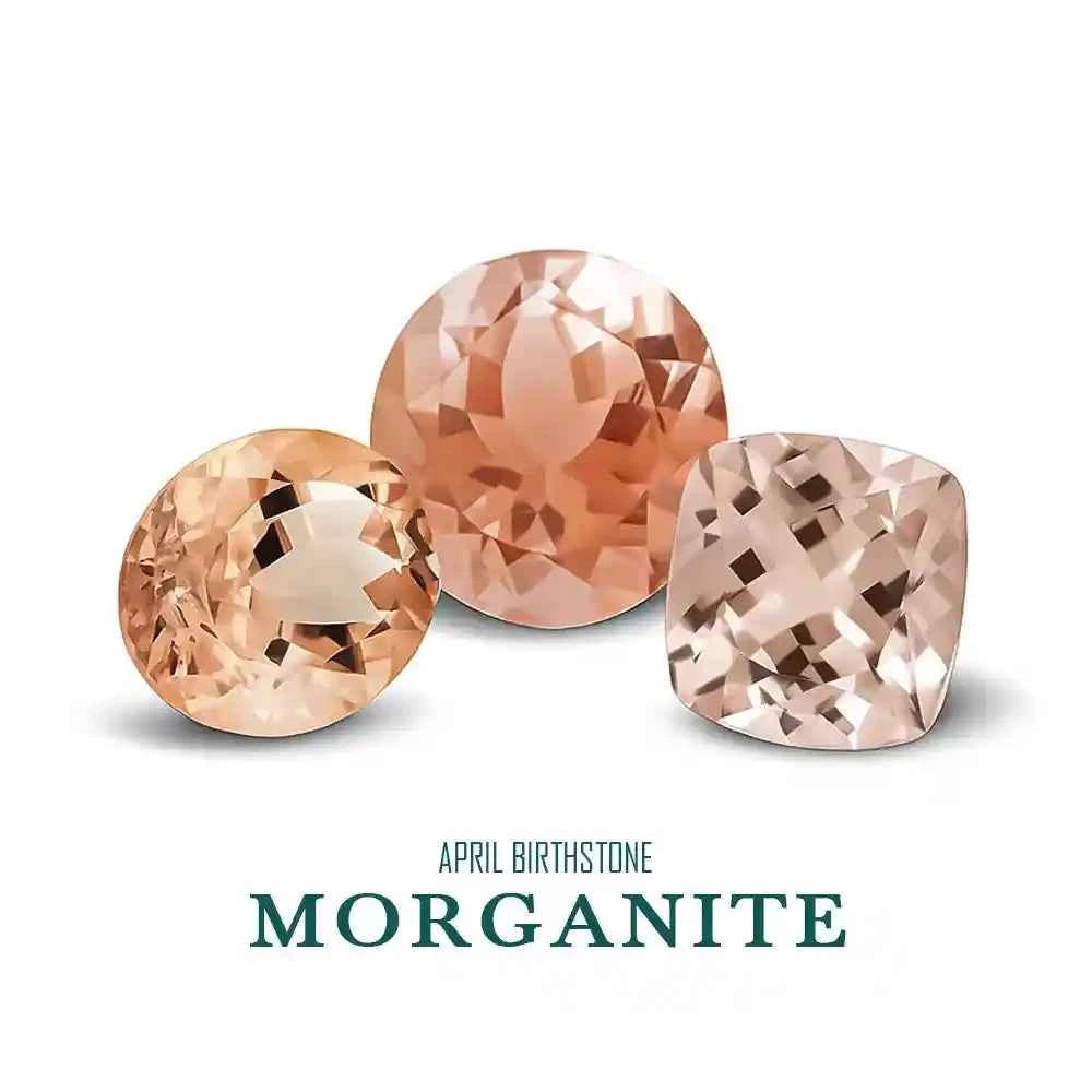 Three morganite gemstones on a white background with 'April Birthstone Morganite' text.