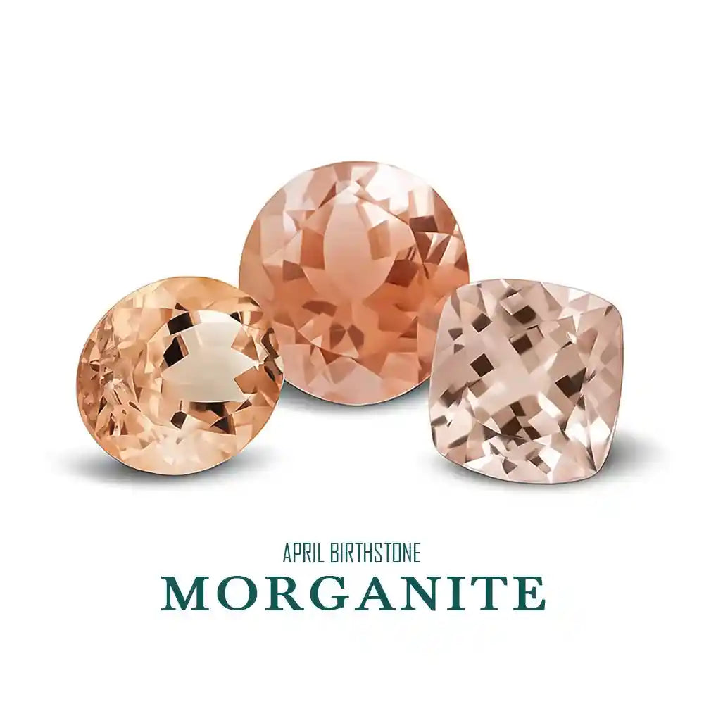 Three morganite gemstones on a white background with 'April Birthstone Morganite' text.
