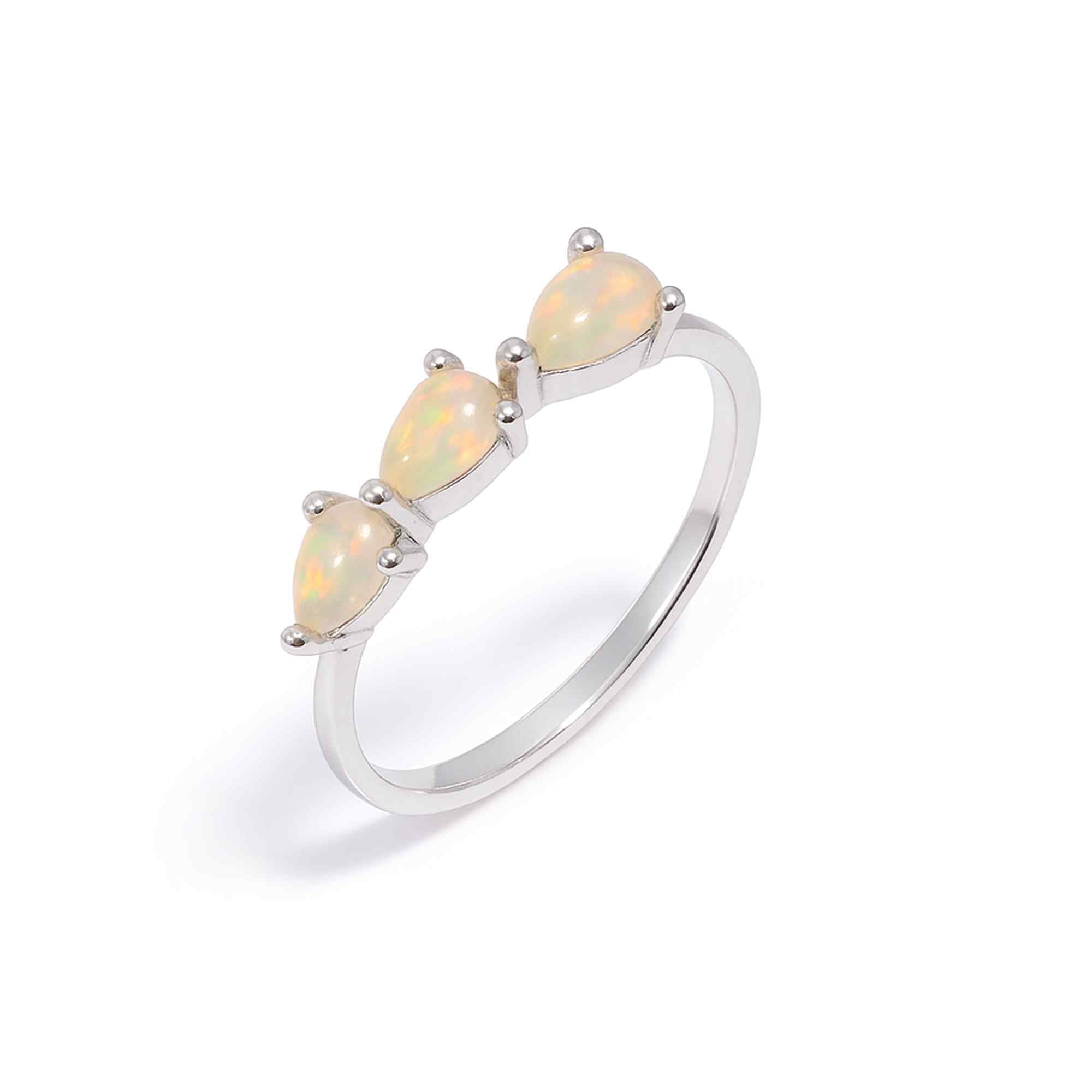 Three stone Ethiopian Opal Ringwith 3x5mm pear-shaped opals in sterling silver, handmade boho jewelry for women by Himalya Quartz.