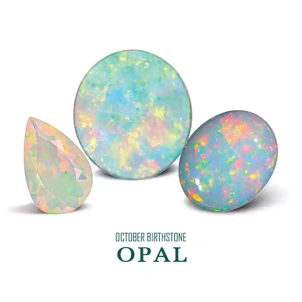 Three opal stones with 'October Birthstone Opal' text on a white background