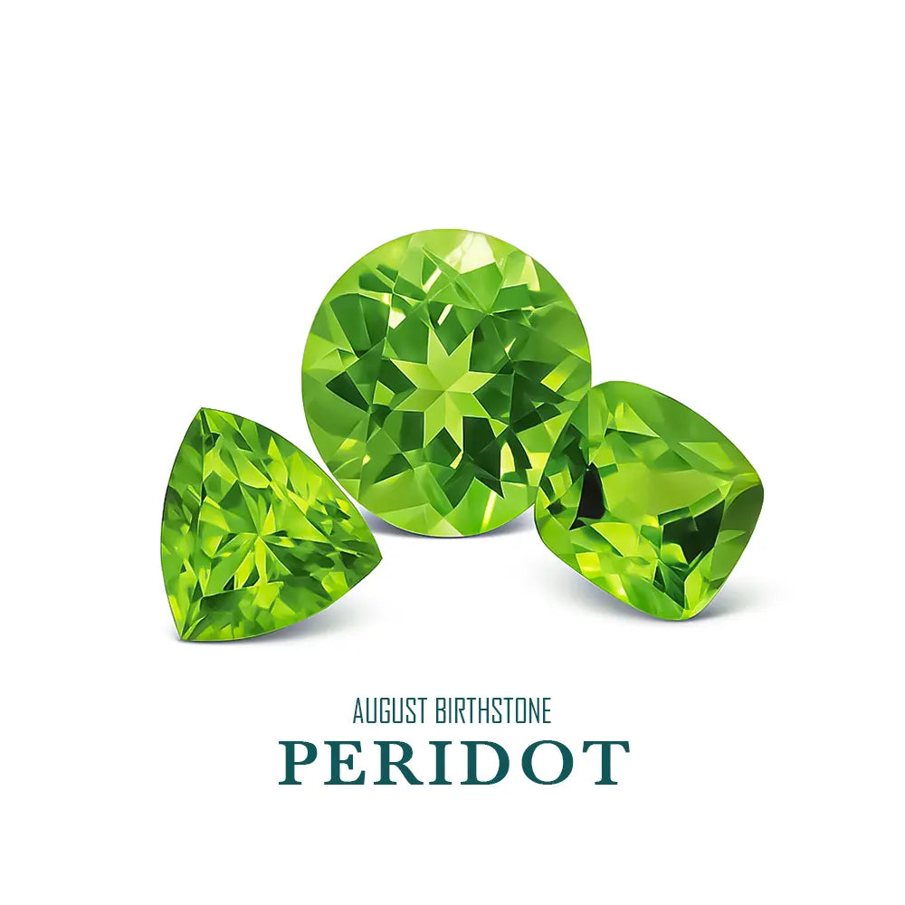 Three green gemstones on a white background with 'August Birthstone Peridot' text.