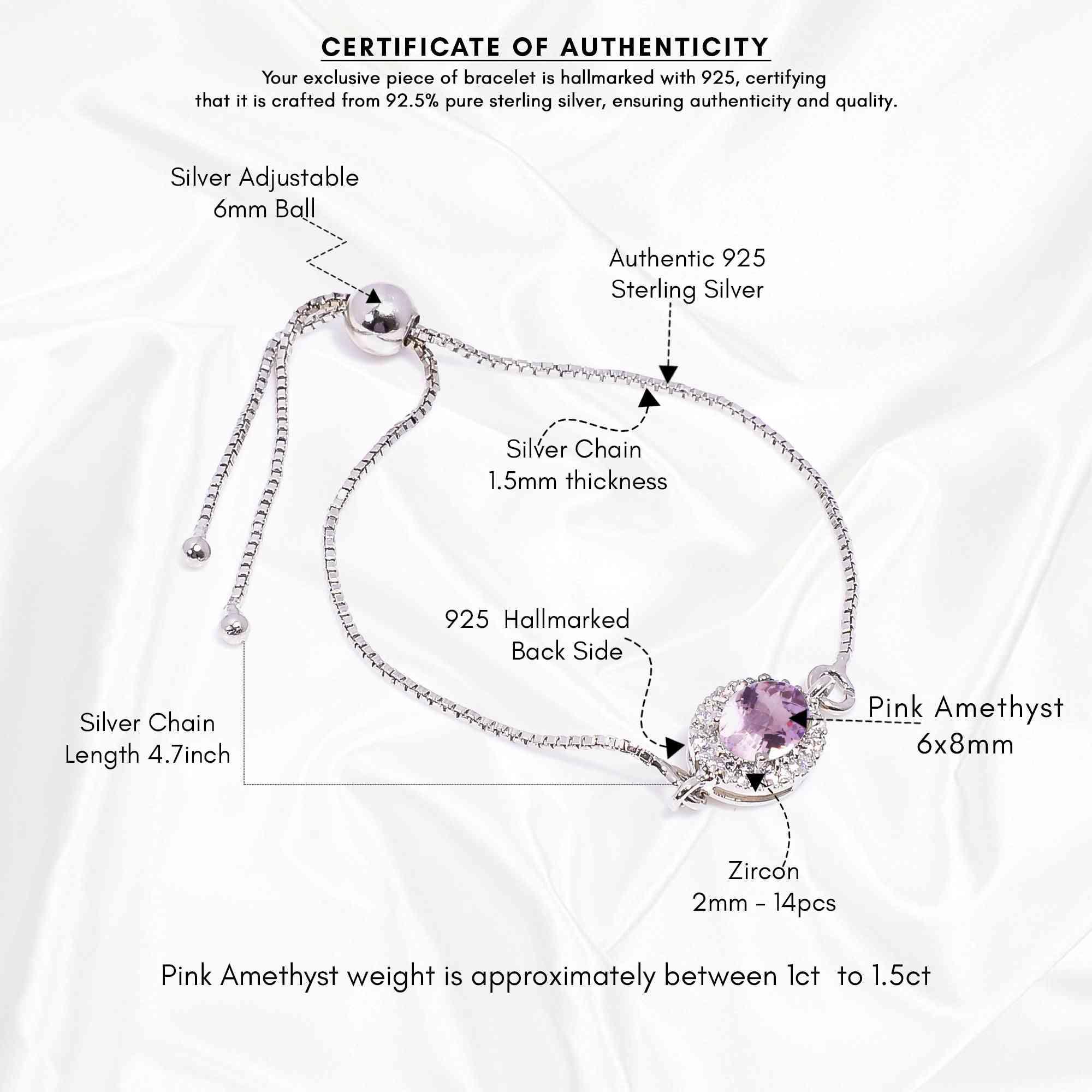 Pink Amethyst Silver Bracelet – Oval Cut 6×8 mm Gemstone Bracelets