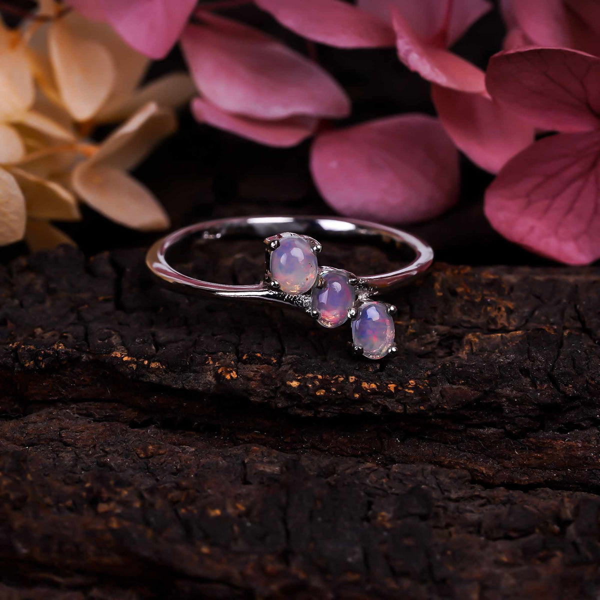 Natural Ethiopian opal oval ring in 925 sterling silver with a 3x4mm gemstone, minimalist handmade jewelry for women.