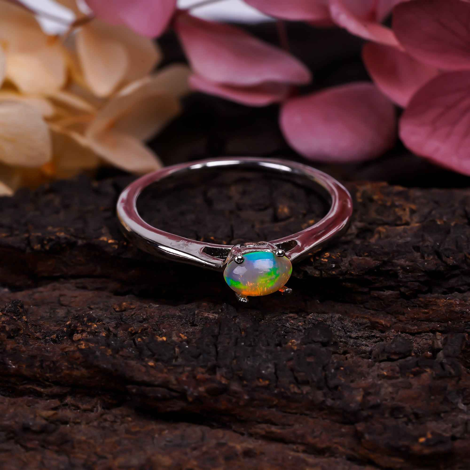 Natural October Birthstone Ethiopian Opal Ring for women Fire Opal 925 Sterling Silver Wedding Engagement Ring