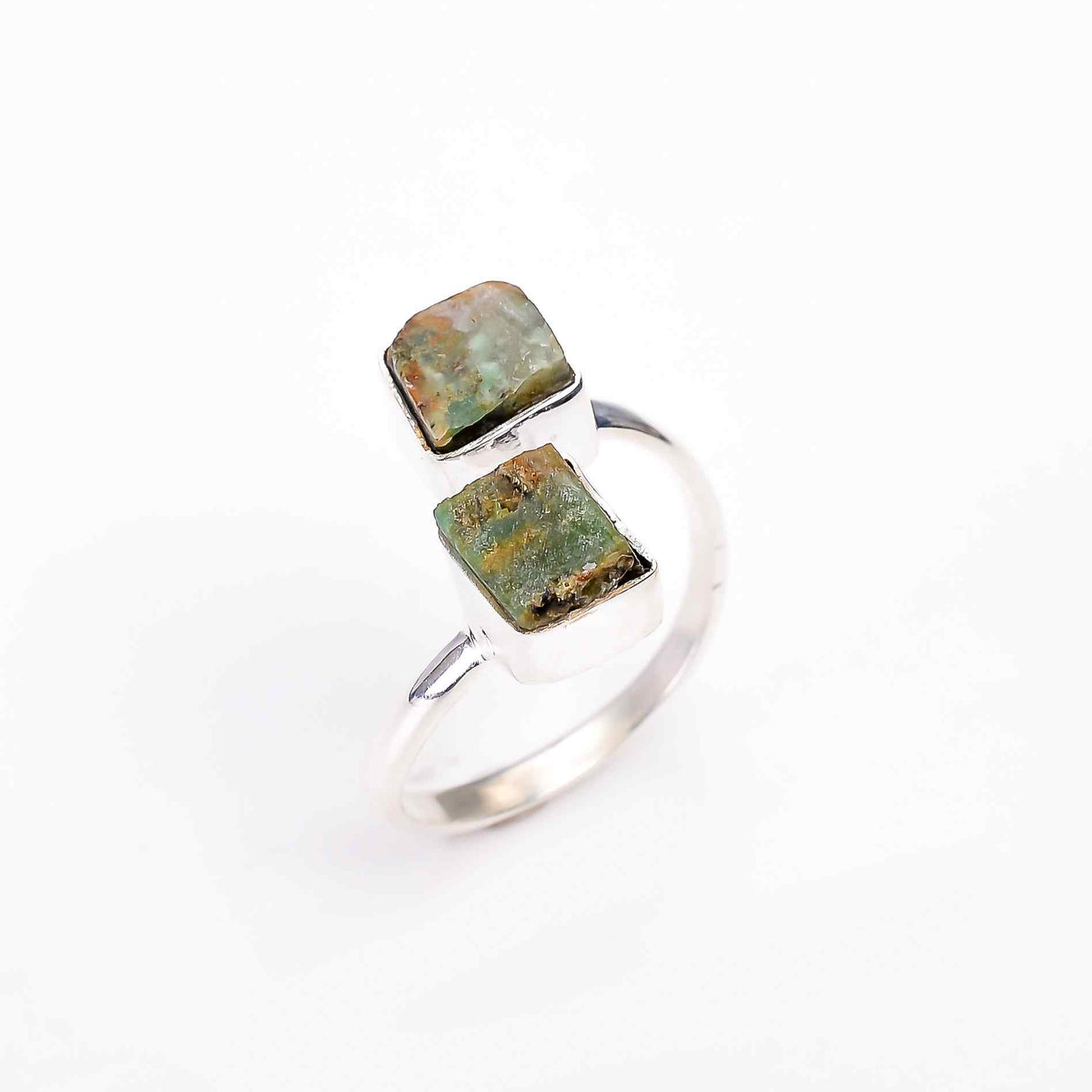 Raw Chrysoprase Two Stone Ring in 925 Sterling Silver Rough Handmade Jewelry Gift for Her