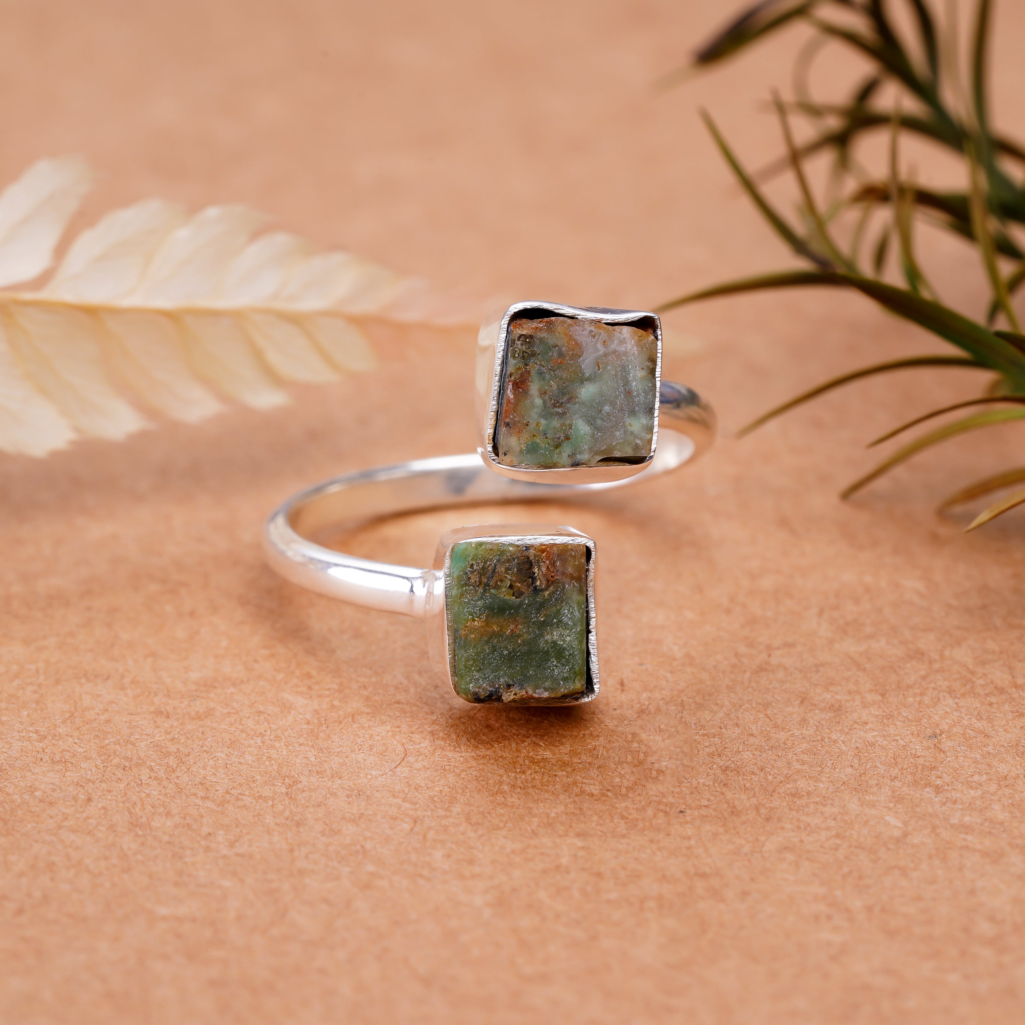 Raw Chrysoprase Two Stone Ring in 925 Sterling Silver Rough Handmade Jewelry Gift for Her