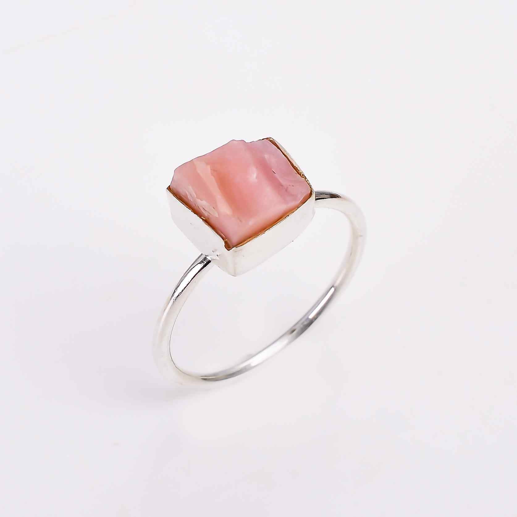 Raw Pink Opal Ringin 925 Sterling Silver Rough Gemstone Bezel Ring Handmade October Birthstone Jewelry