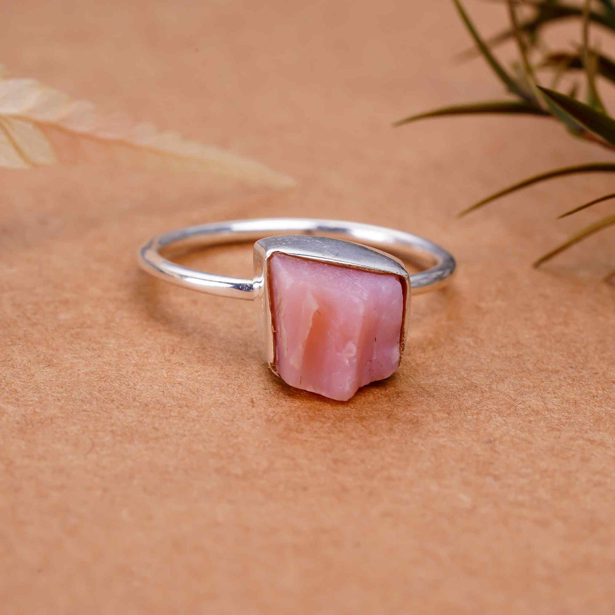 Raw Pink Opal Ringin 925 Sterling Silver Rough Gemstone Bezel Ring Handmade October Birthstone Jewelry