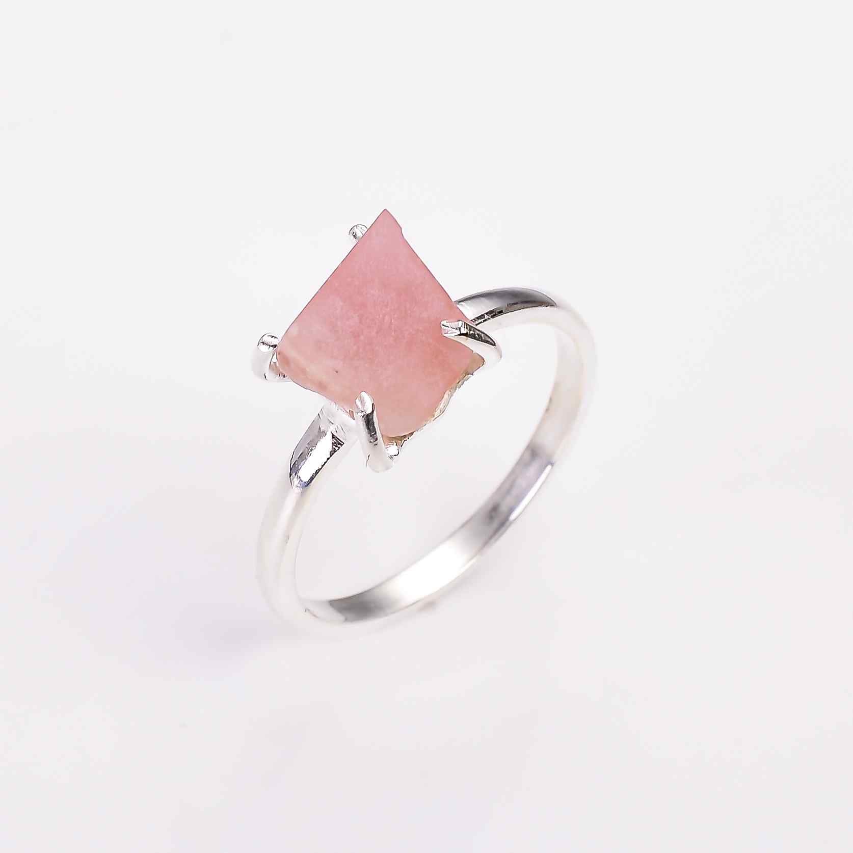 Raw Pink Opal Ringin 925 Sterling Silver Rough Gemstone Ring Handmade October Birthstone Jewelry