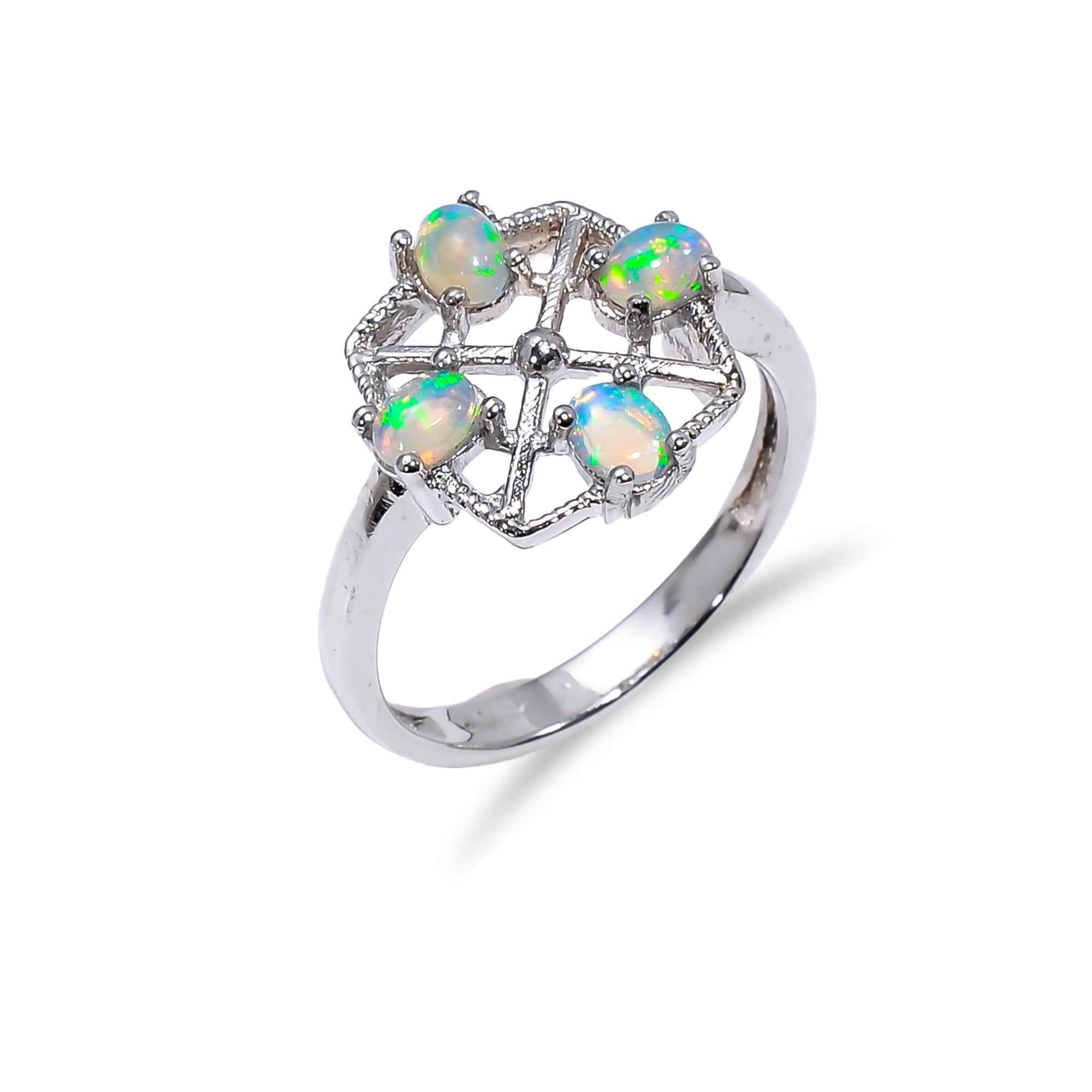 Minimalist Ethiopian Opal Ring 3x4mm Oval Four Stone 925 Sterling Silver Delicate Gemstone Band for Women