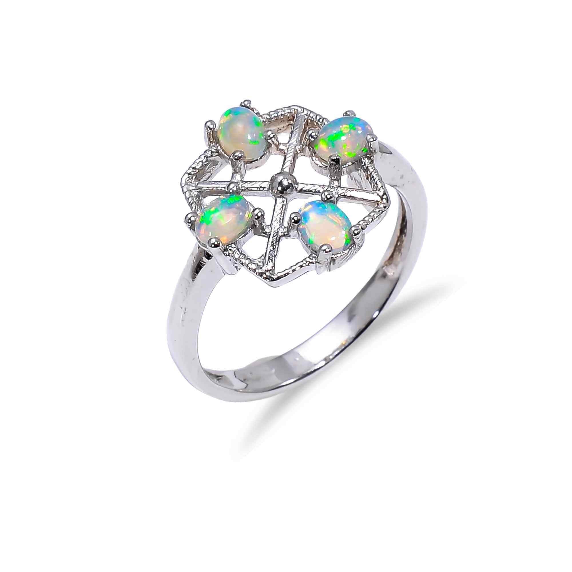 Minimalist Ethiopian Opal Ring3x4mm Oval Four Stone 925 Sterling Silver Delicate Gemstone Band for Women