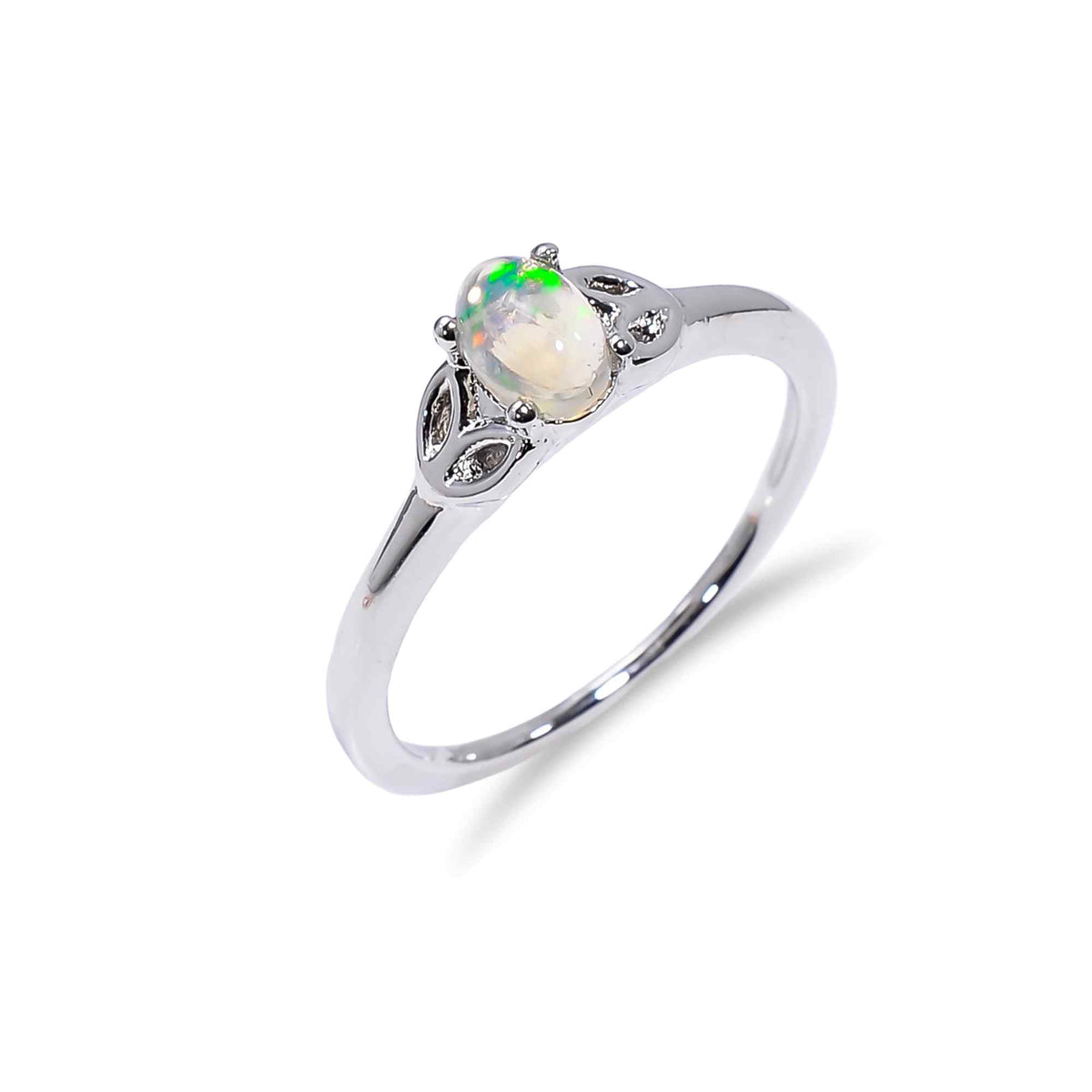 Ethiopian Opal Ringwith 6x4mm oval fire opal in sterling silver, jewelry for women featuring Himalya Quartz branding