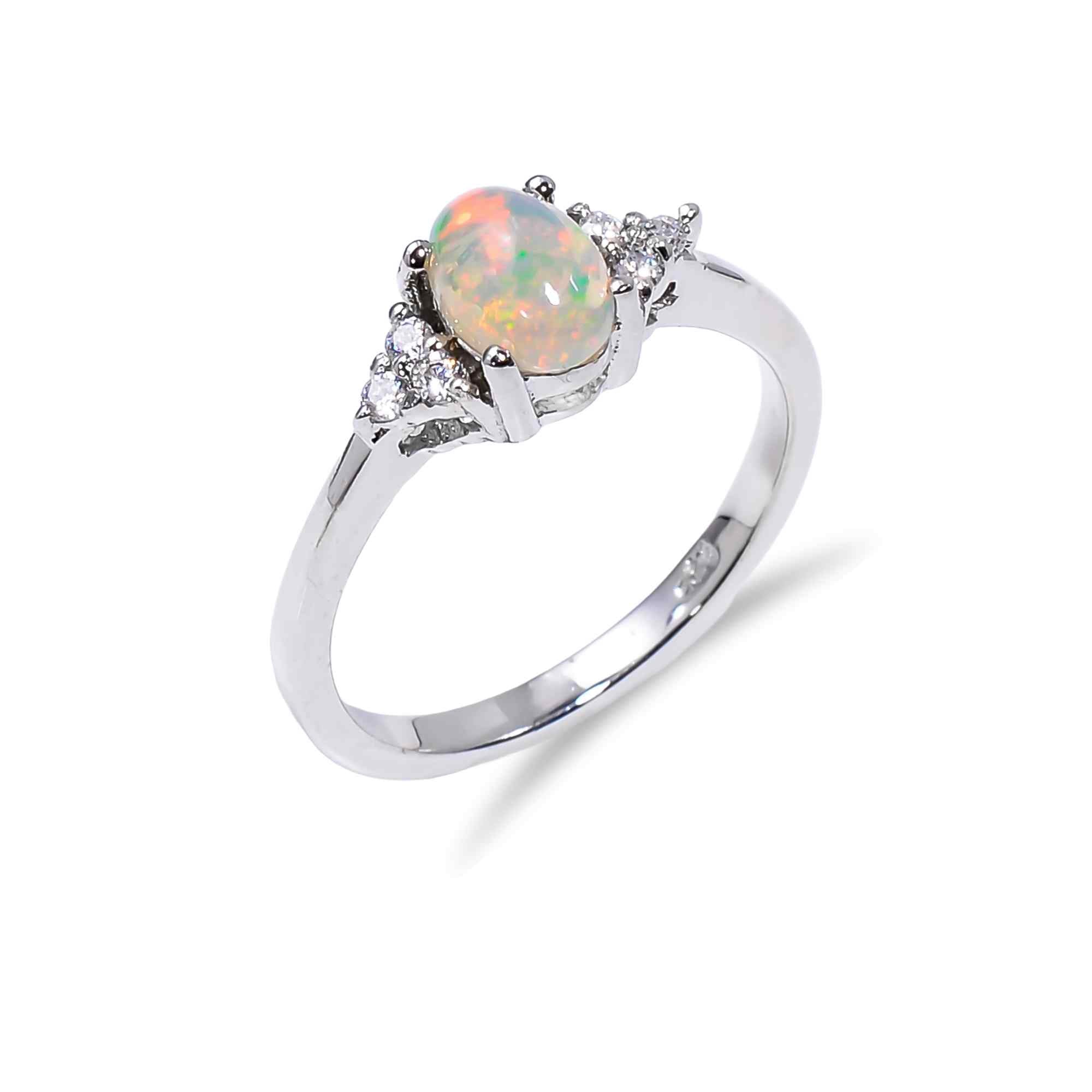 Art Deco Ethiopian Opal Ringin 925 sterling silver with 7x5mm oval fire opal, featuring intricate design for women.