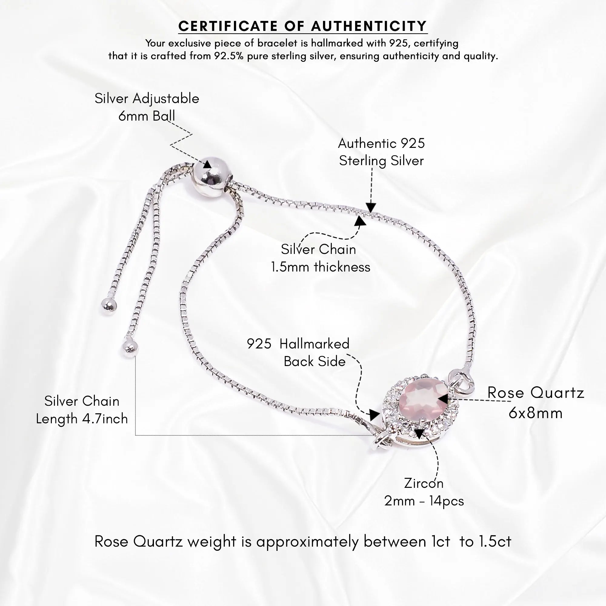 Rose Quartz Silver Bracelet – Oval Cut 6×8 mm