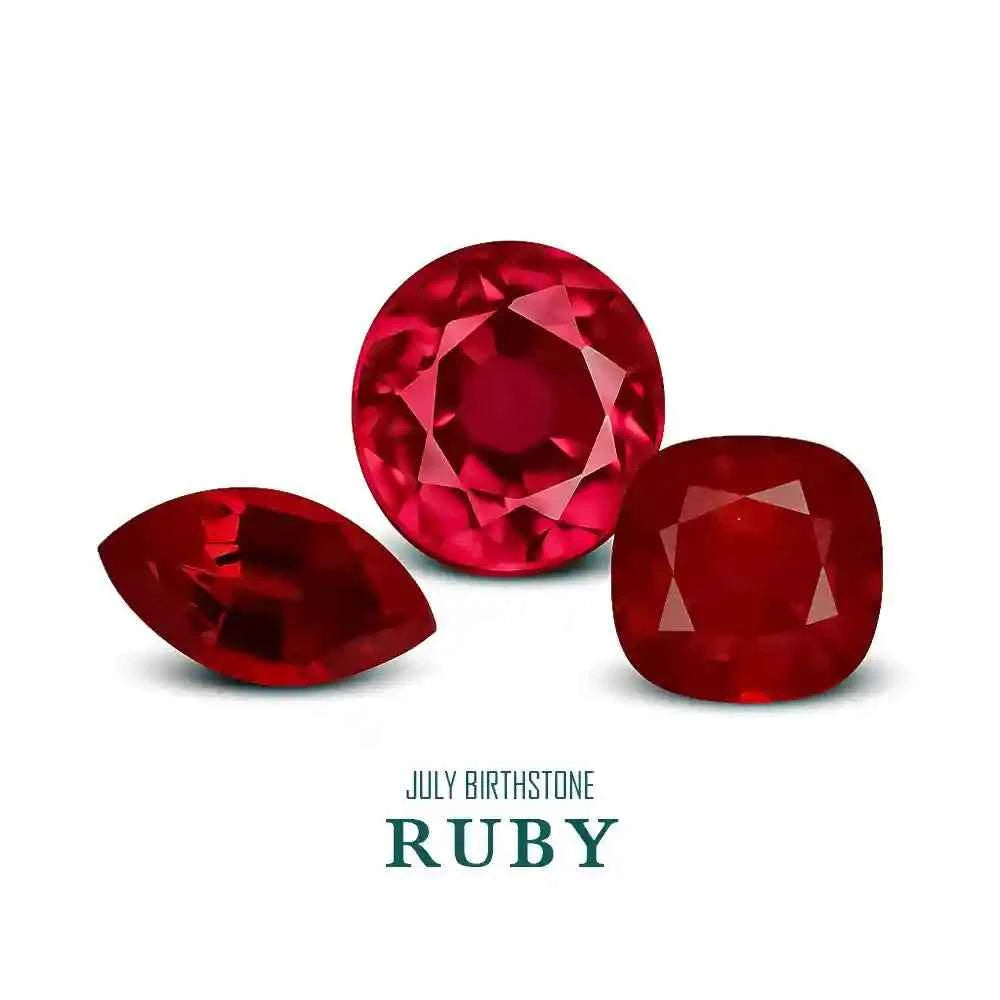 Three red rubies on a white background with 'July Birthstone Ruby' text.