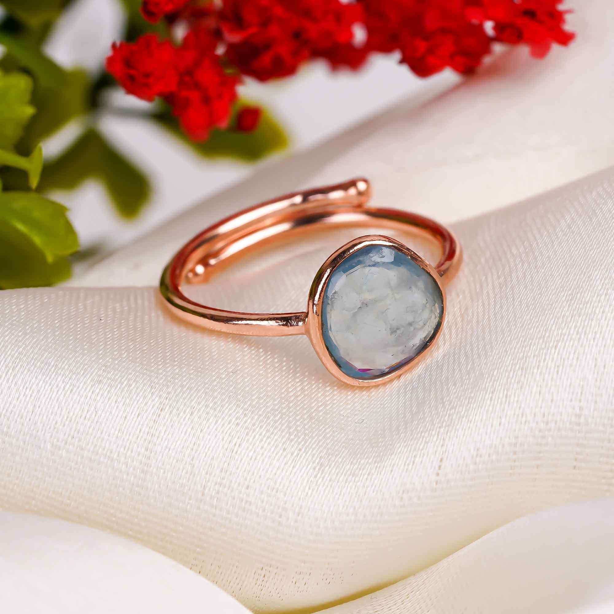 Moss Aquamarine Ring Rose Gold Plated 925 Sterling Silver Natural Moss Aquamarine Jewelry Gift for Her