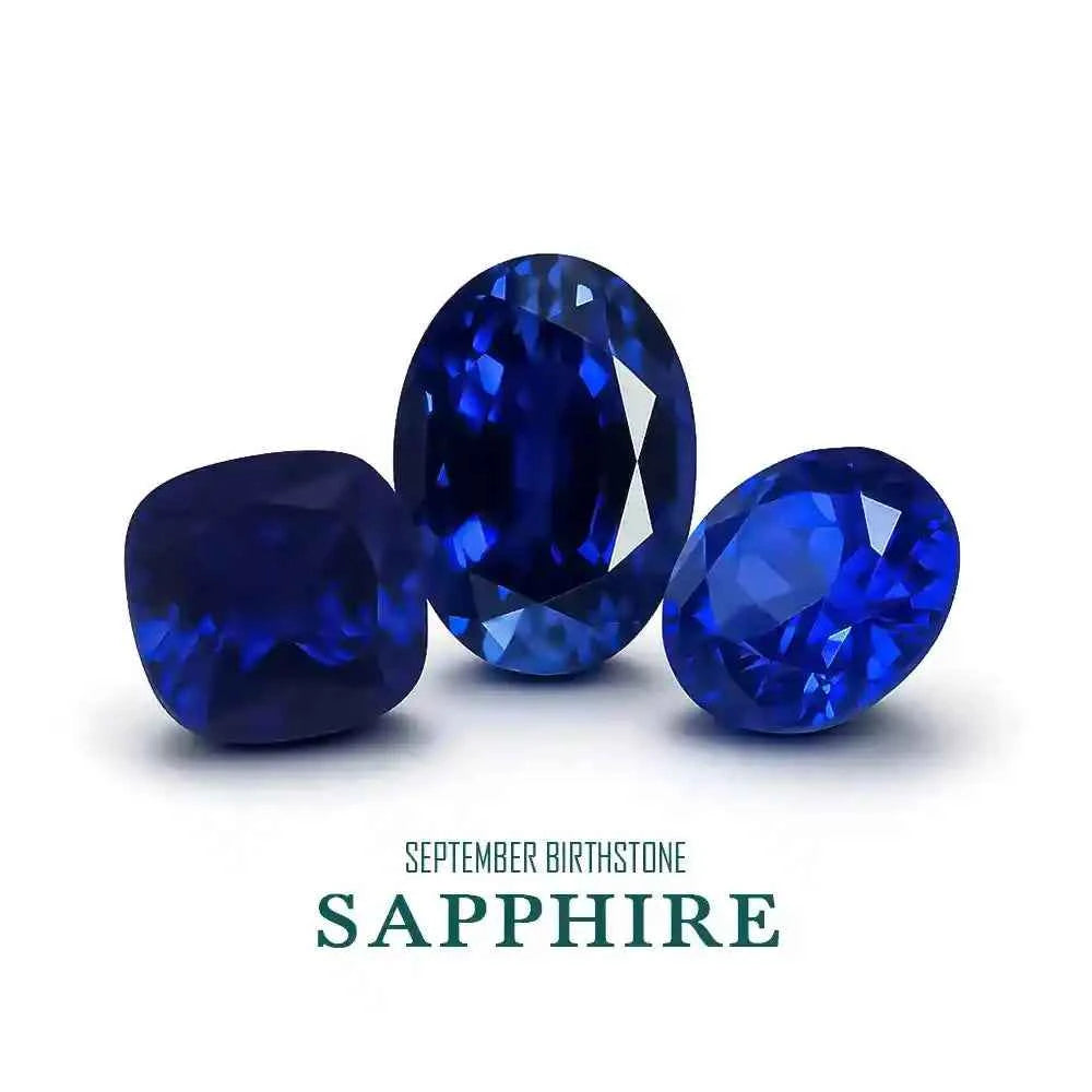 Three sapphires of different cuts on a white background with 'September Birthstone Sapphire' text.
