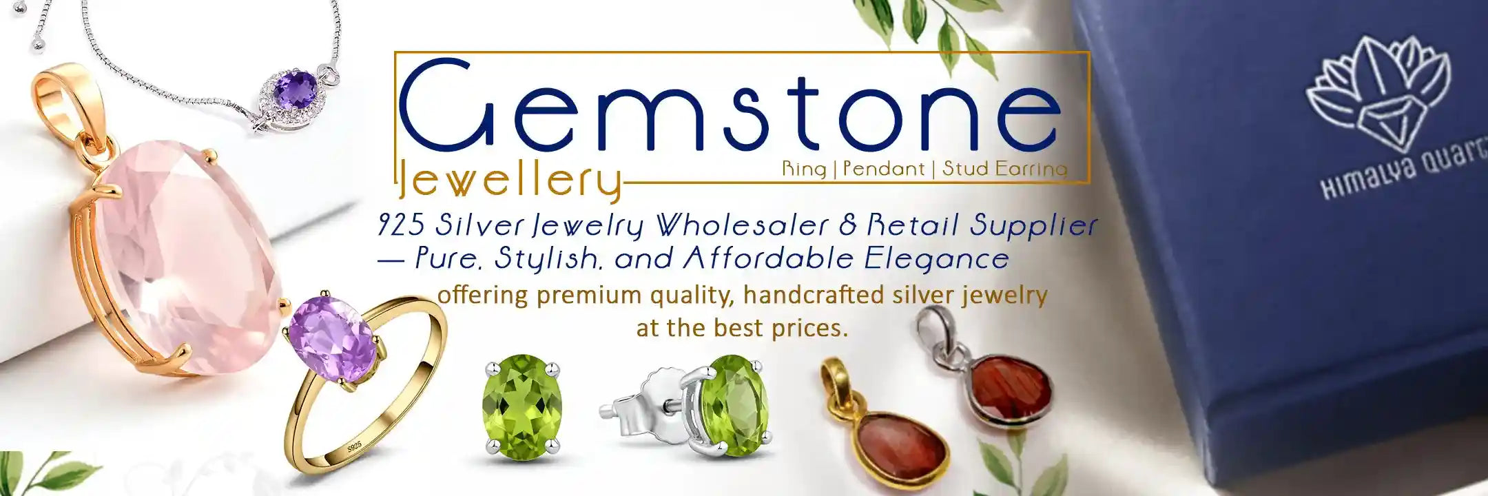 Advertisement for Gemstone Jewellery featuring silver jewelry and a blue box with a logo.