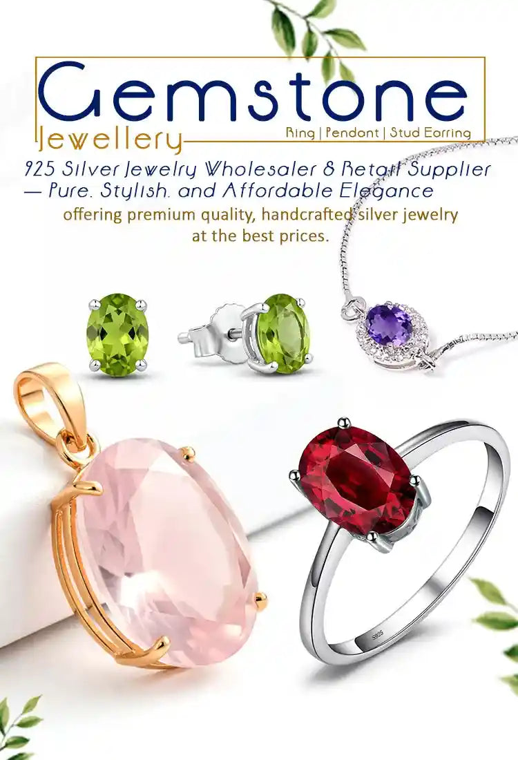 Advertisement for Gemstone Jewellery featuring various silver jewelry pieces with gemstones on a white background.