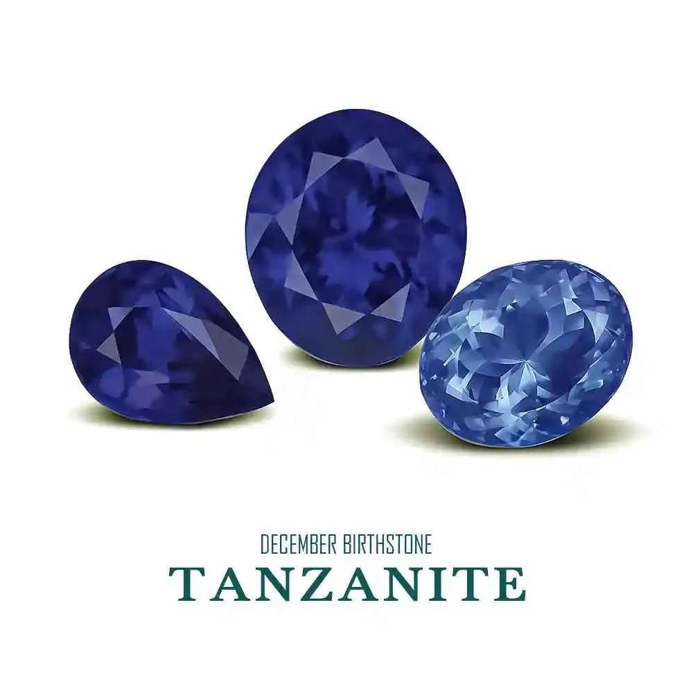 Three tanzanite gemstones on a white background with 'December Birthstone Tanzanite' text.