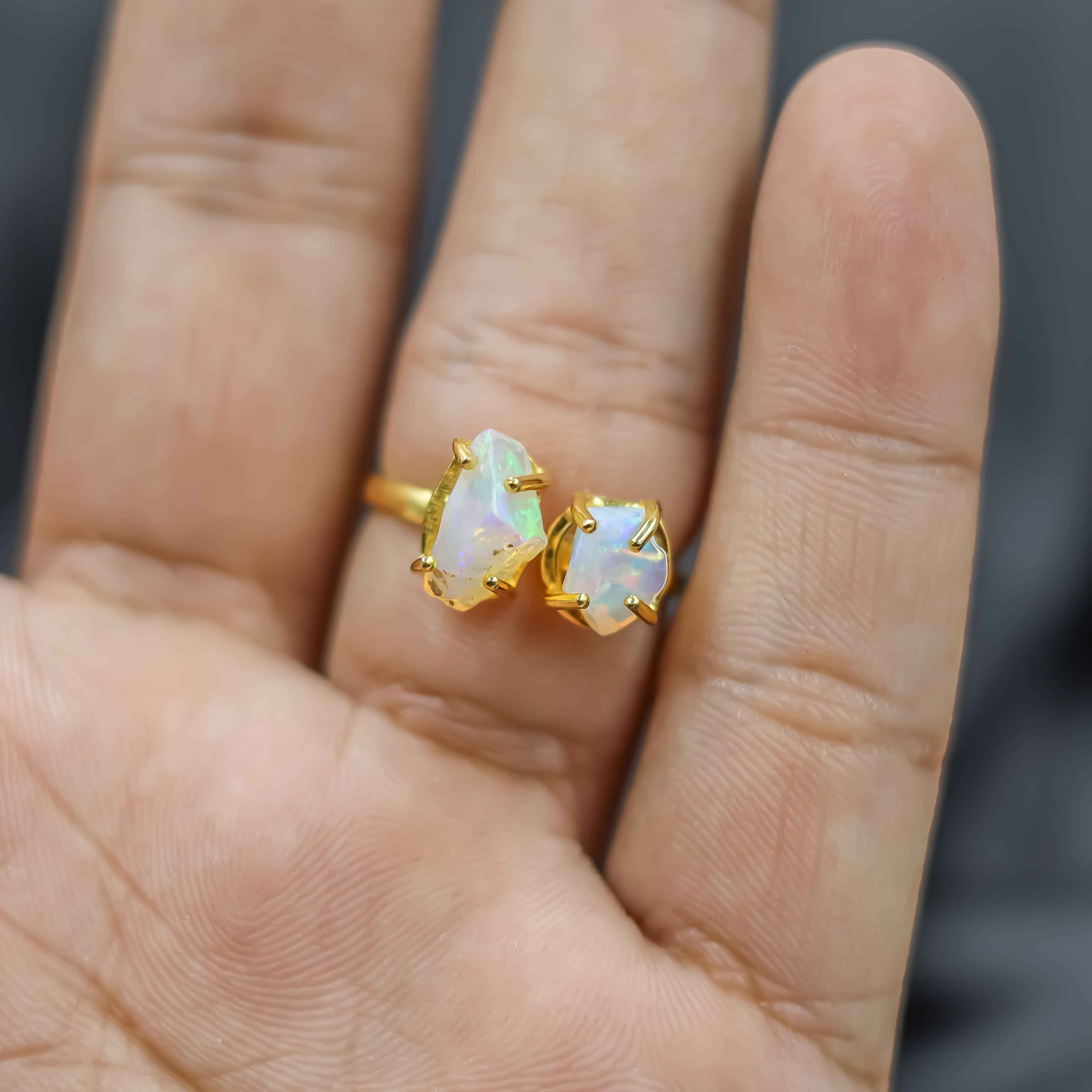 Raw Ethiopian Opal Two Stone Ring in 925 Sterling Silver Rough Gemstone Handmade October Birthstone Jewelry