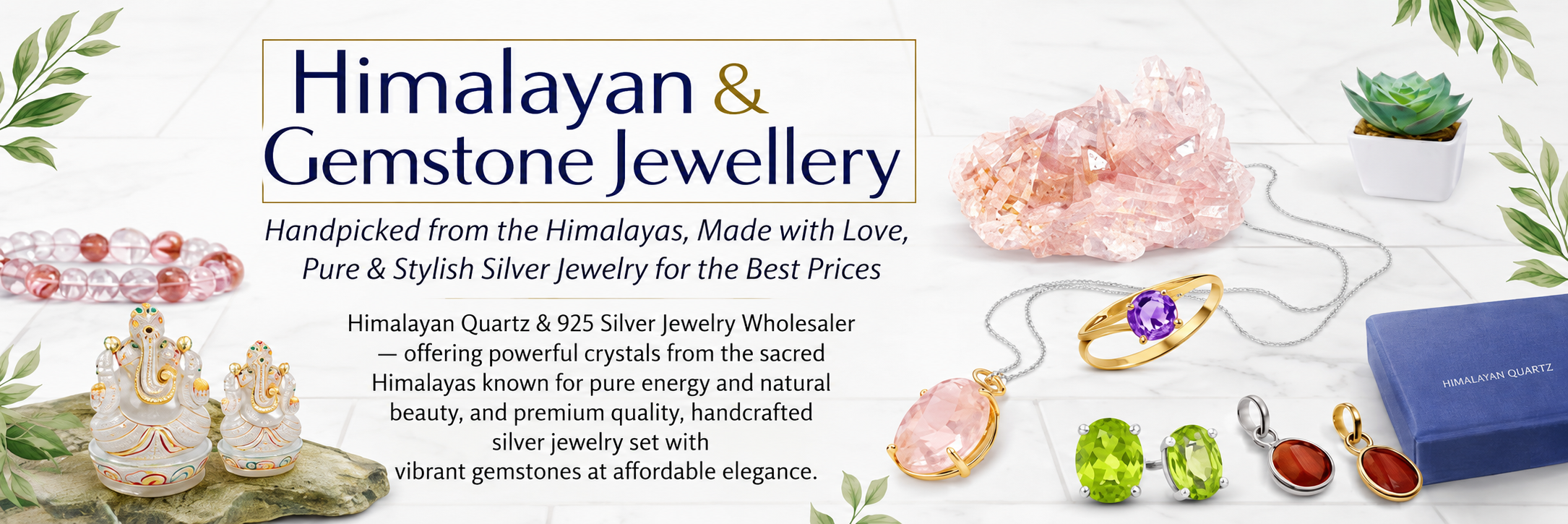 Advertisement for Himalayan and gemstone jewelry with various jewelry pieces displayed.