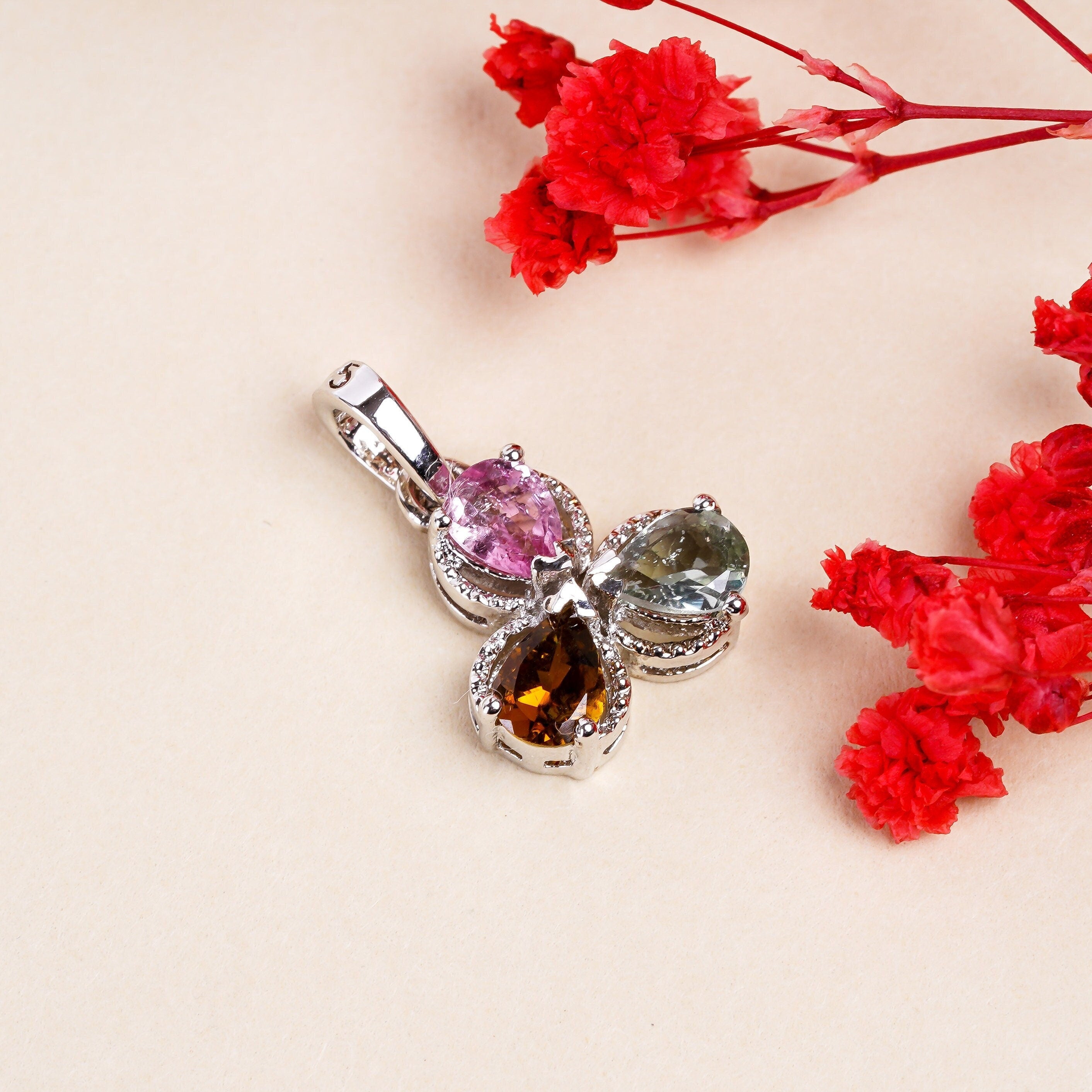 Multicolor Tourmaline Pendant Necklace: 925 Sterling Silver Pear Stone