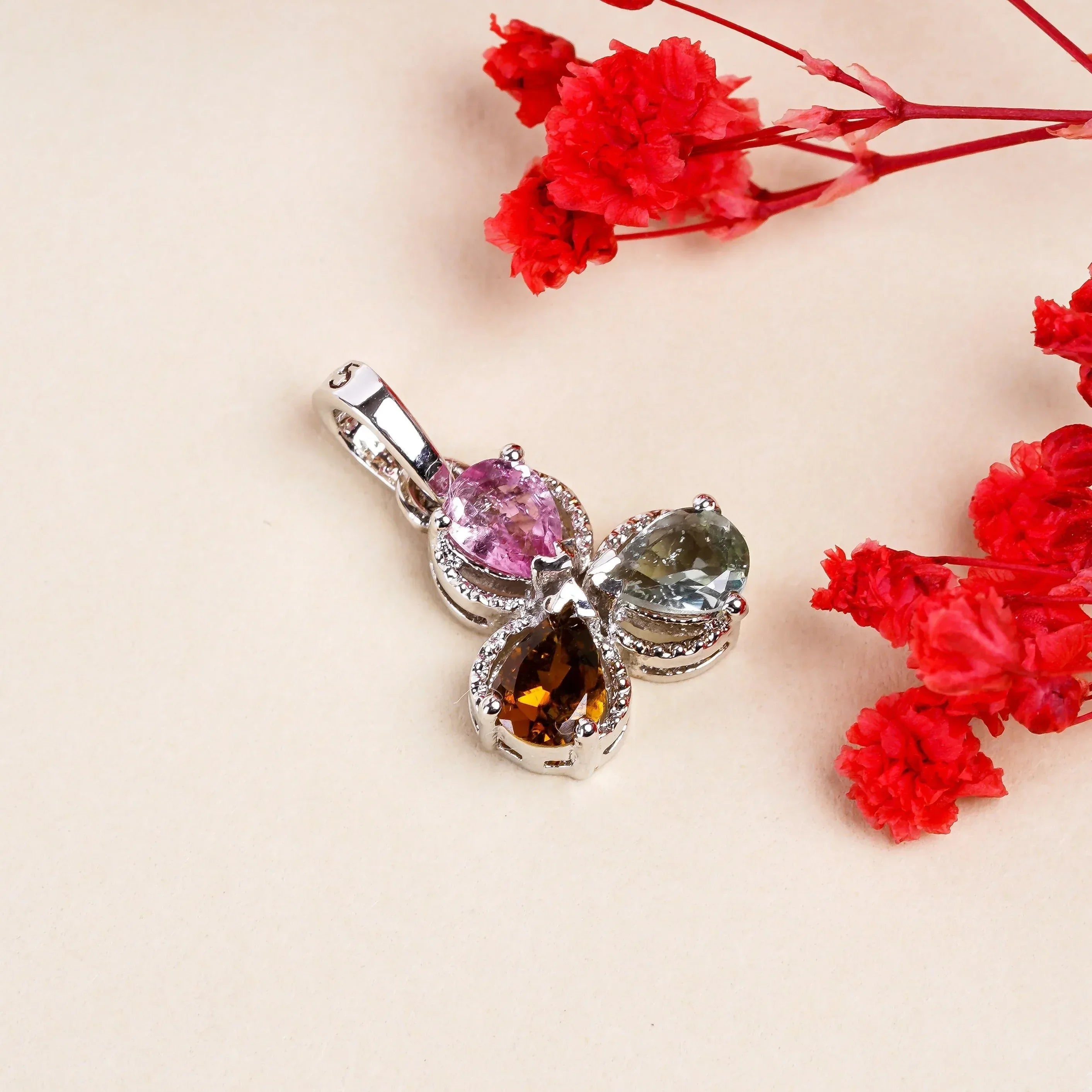 Multicolor Tourmaline Pendant Necklace: 925 Sterling Silver Pear Stone