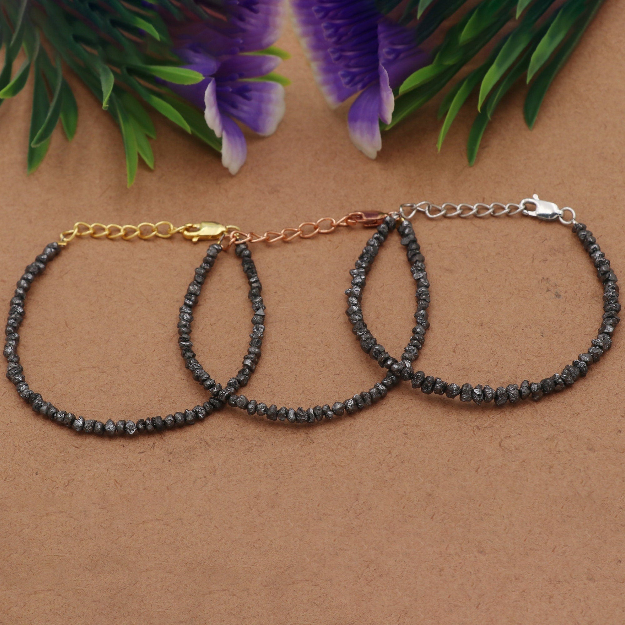 Silver Black Diamond Chip Beads Bracelet – Natural Diamond Beaded Minimalist Jewelry