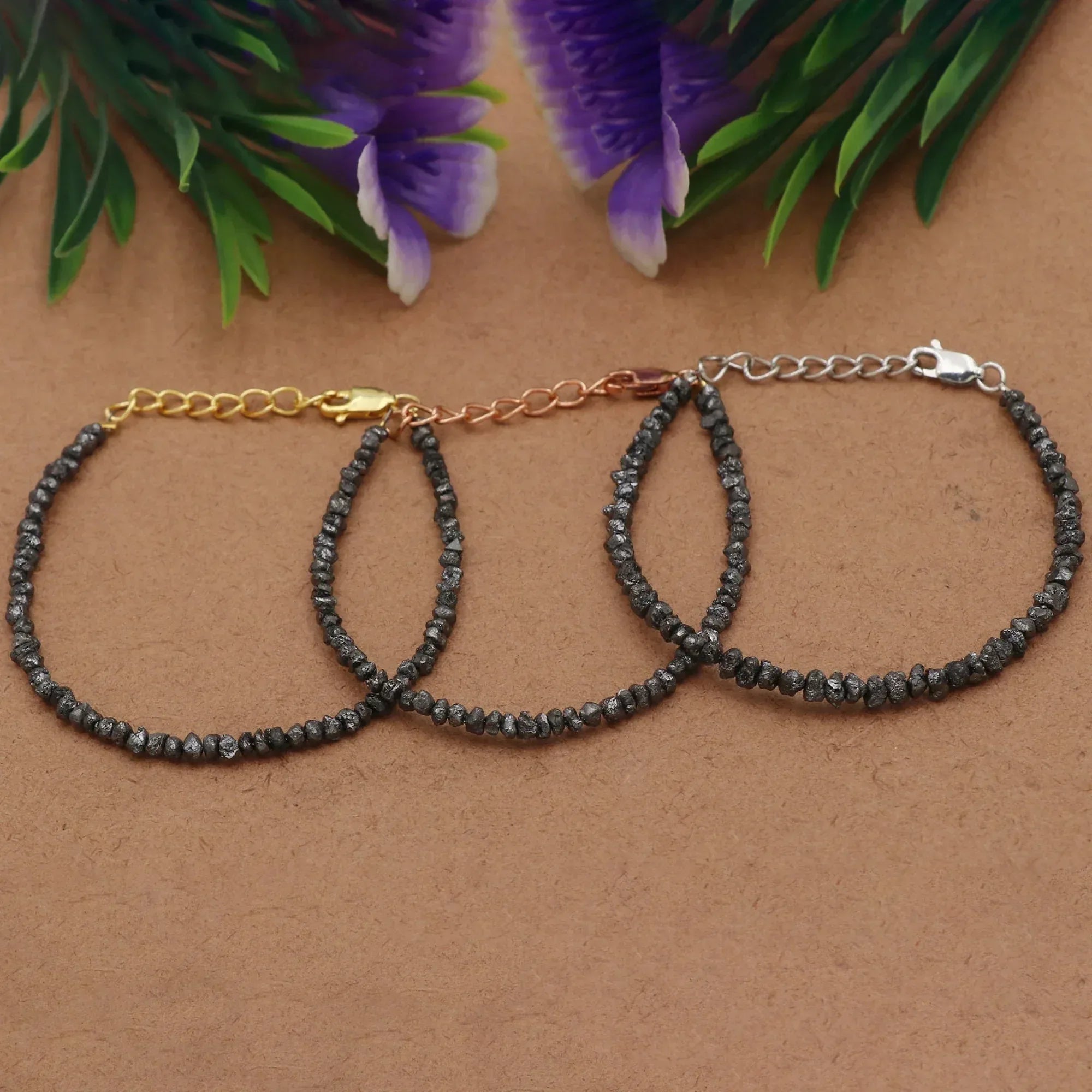 Silver Black Diamond Chip Beads Bracelet – Natural Diamond Beaded Minimalist Jewelry Jewelry