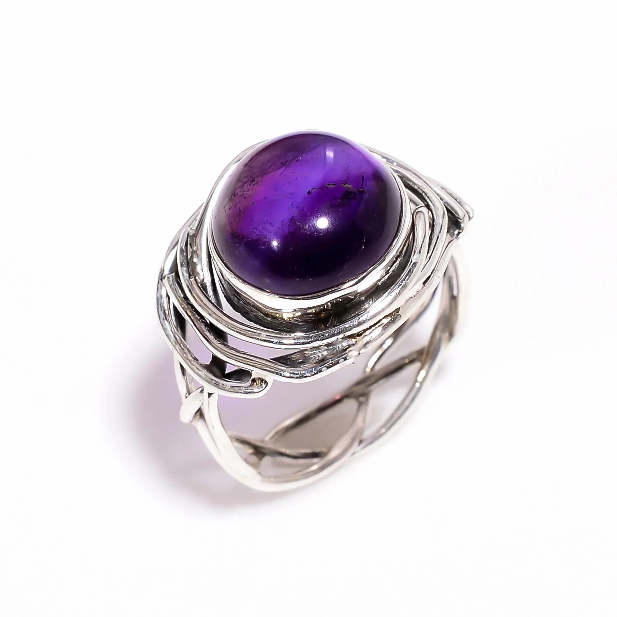 Handmade Sterling Silver Amethyst Ring: Wire Wrapped February Birthstone