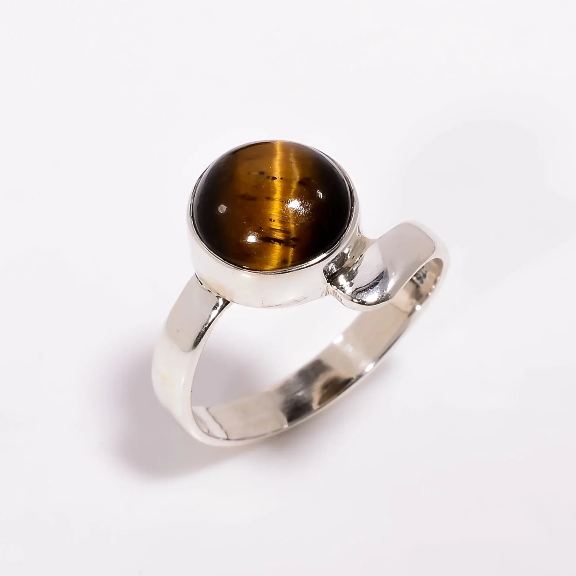 Tiger's Eye Gemstone Ring: 925 Sterling Silver, Round Cabochon