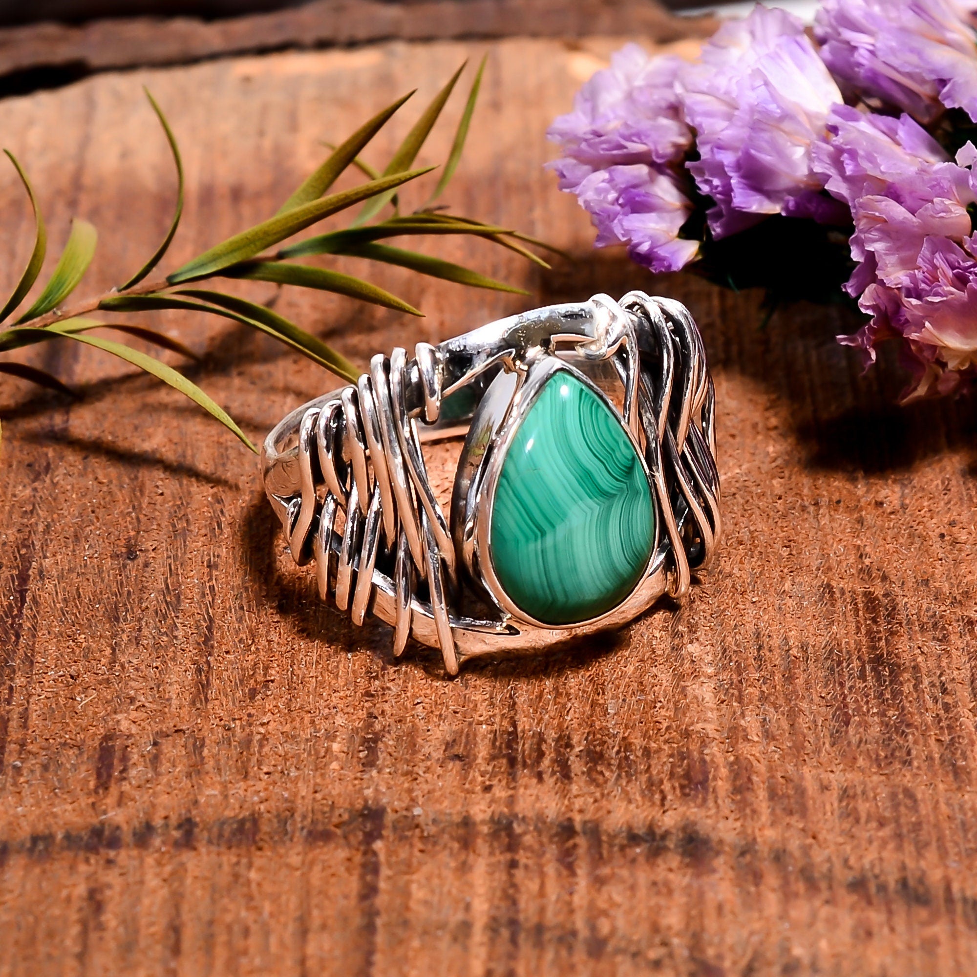 Malachite Pear Cabochon Ring: 925 Sterling Silver Boho Jewelry