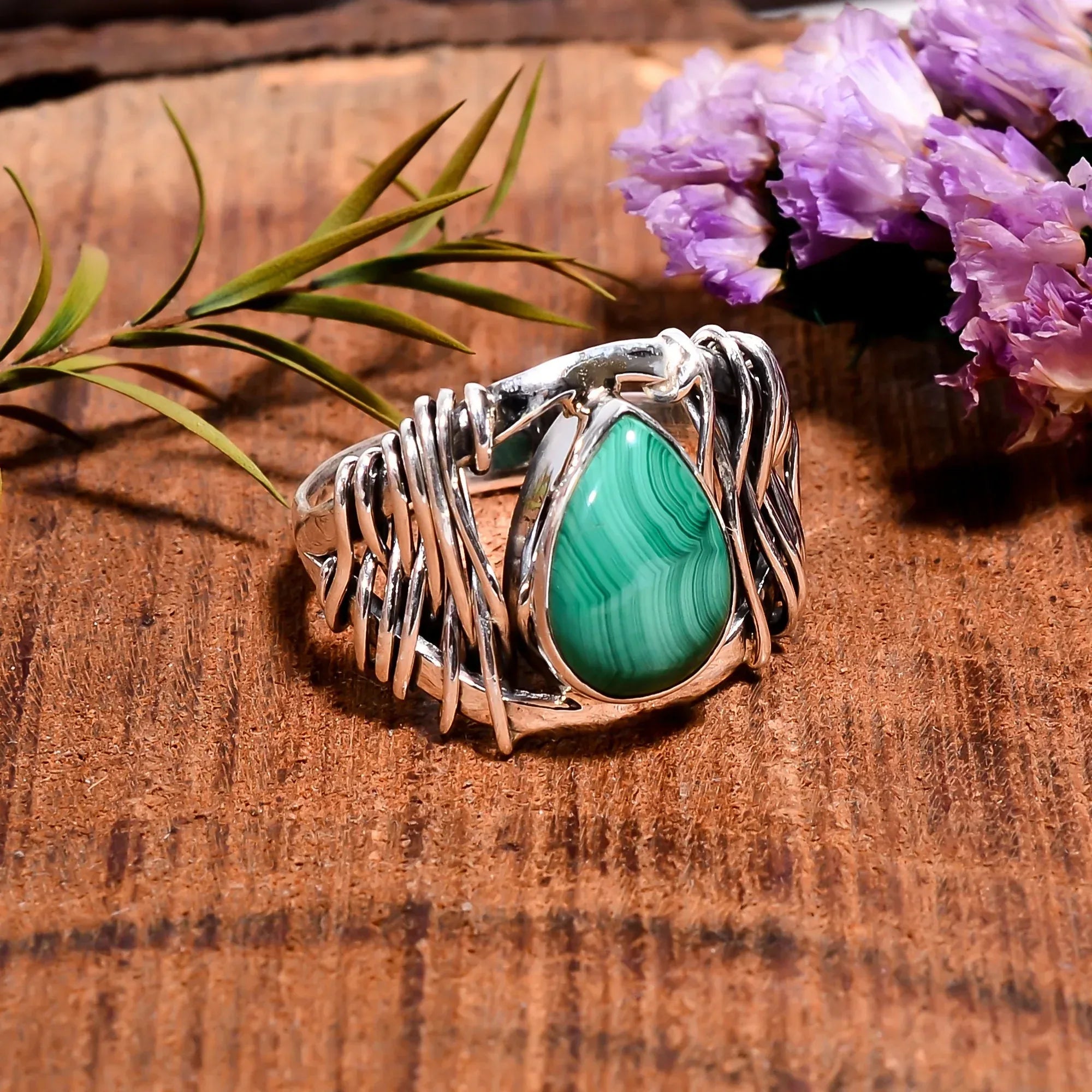 Malachite Pear Cabochon Ring: 925 Sterling Silver Boho Jewelry